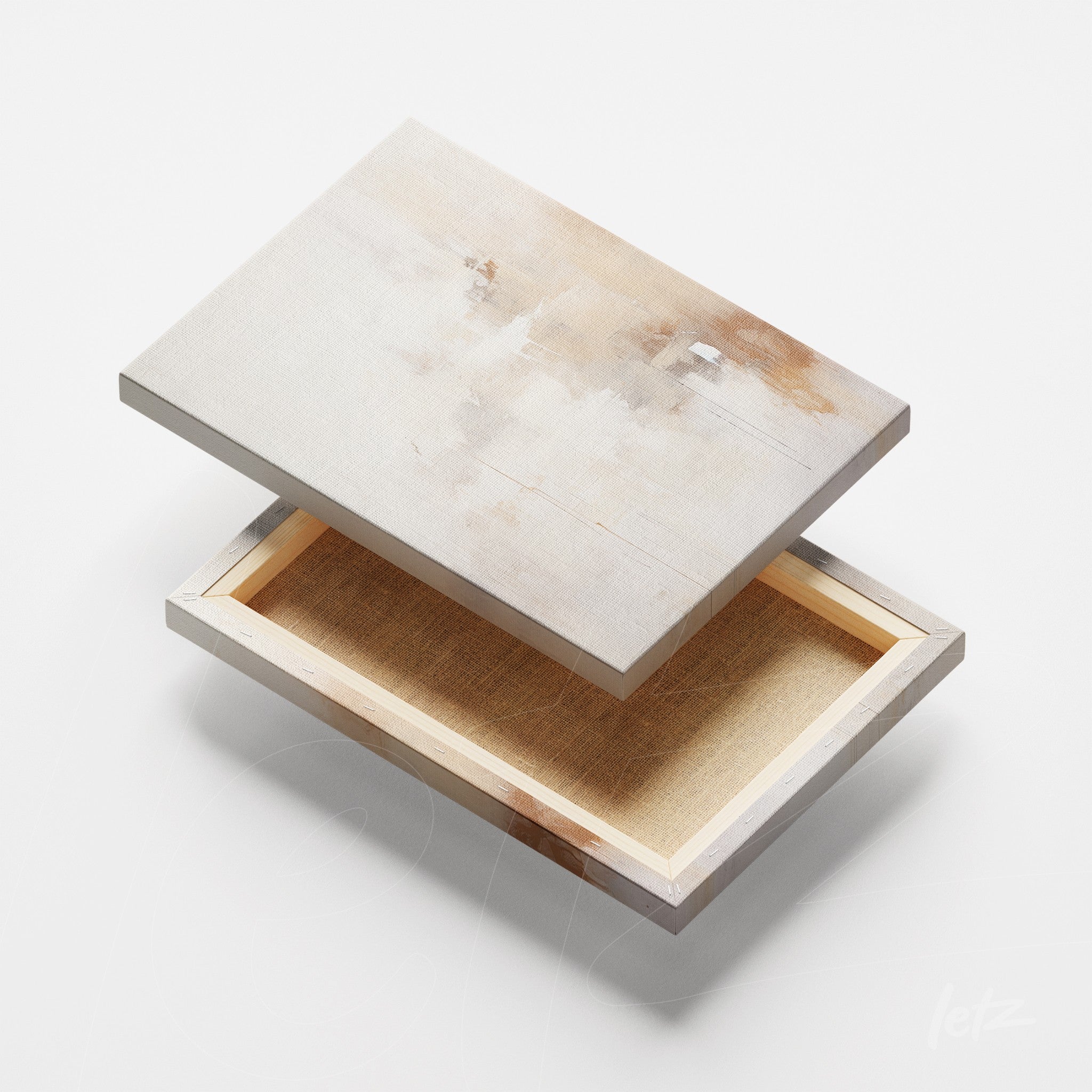 quadro em canvas com textura sutil em tons de bege e branco, exibido em ângulo com a moldura visível