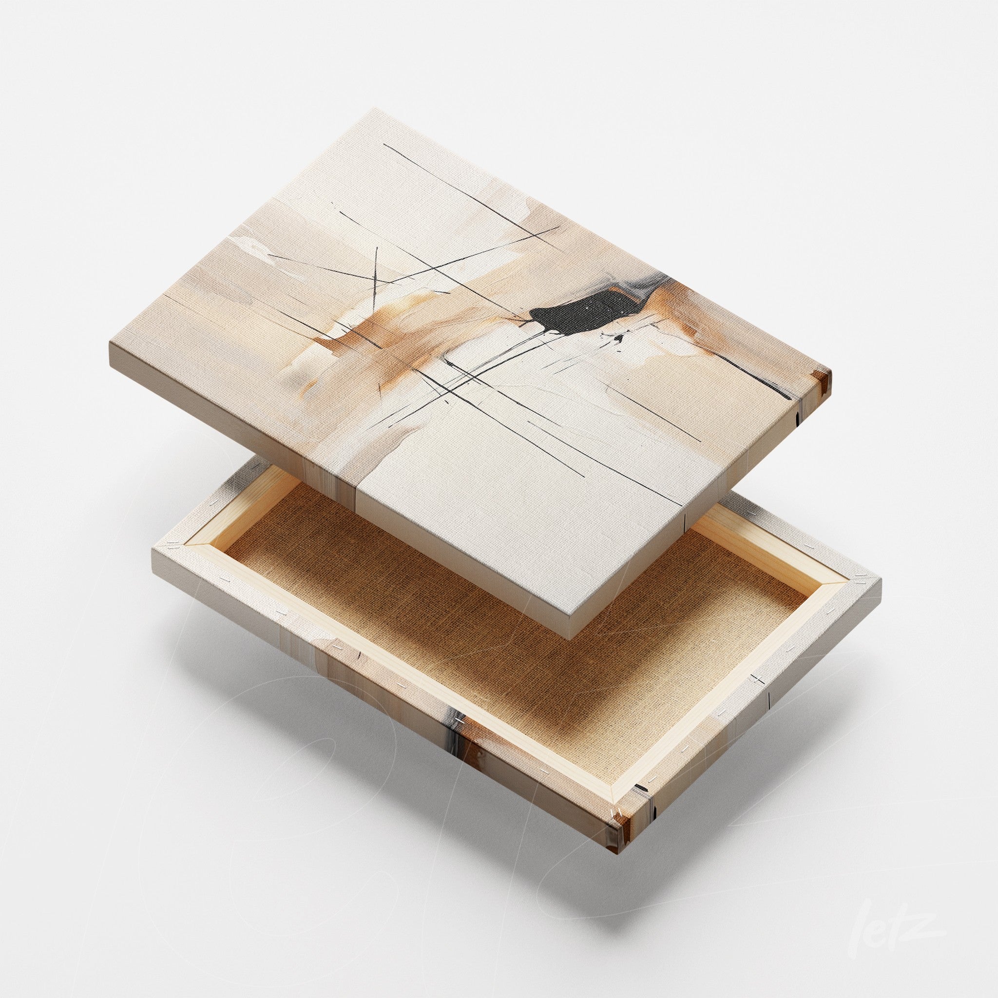 quadro em canvas com arte abstrata em tons nude, exibido de forma inclinada