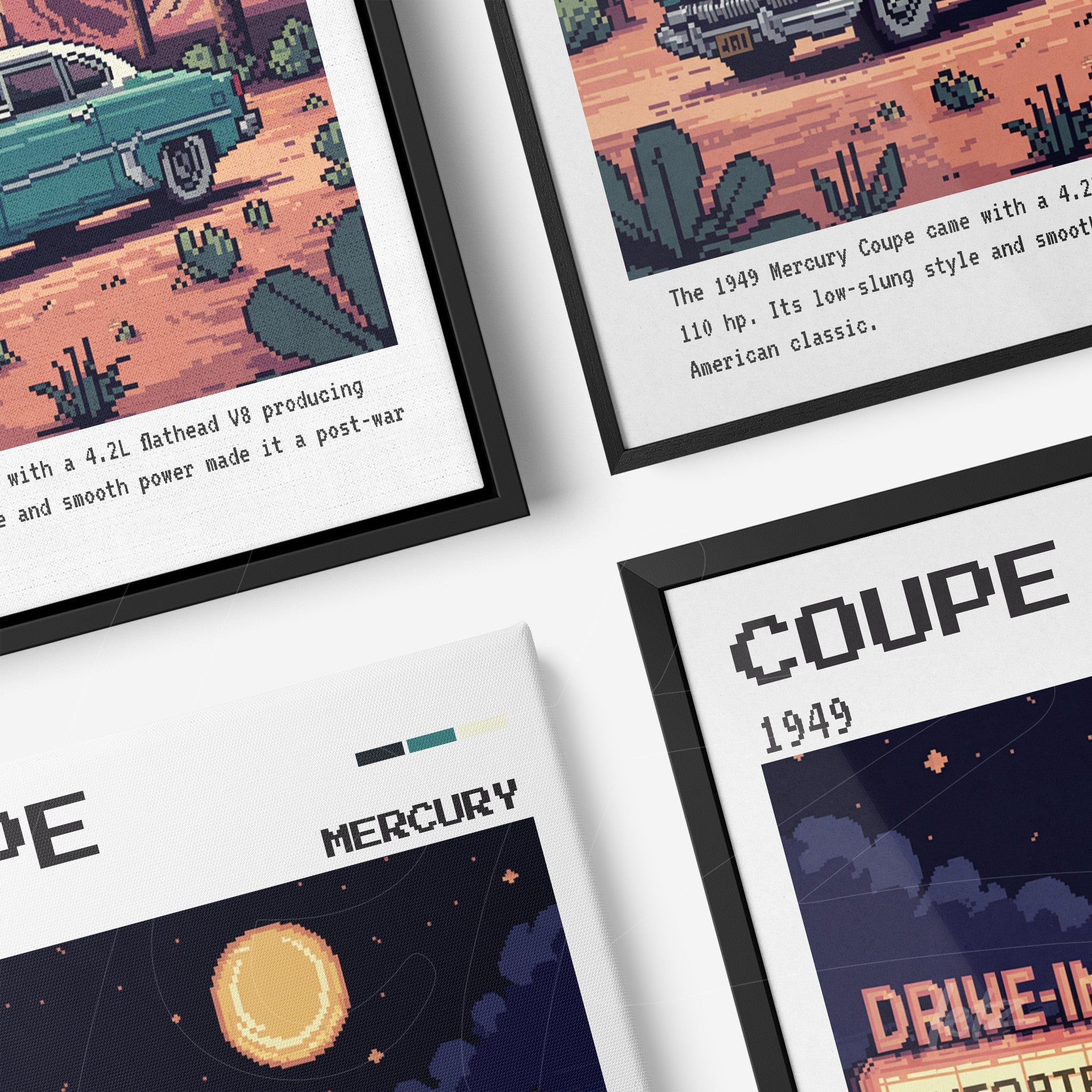 composição de quadros com ilustrações em pixel art de um carro Mercury Coupe de 1949 em molduras pretas, contendo informações sobre o veículo