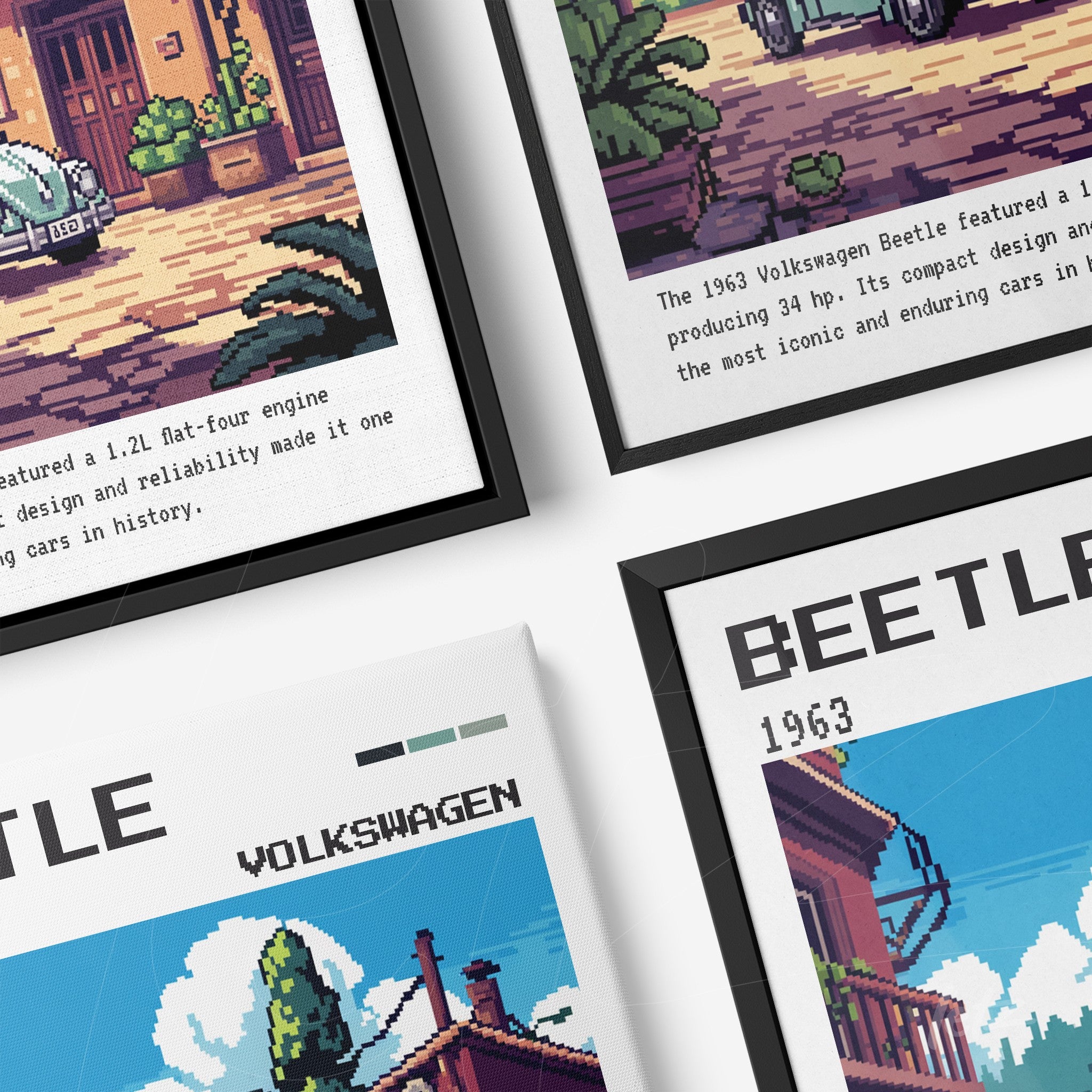 composição de quadros com arte pixelada do carro Volkswagen Beetle, molduras preta e branca, fundo colorido retrô
