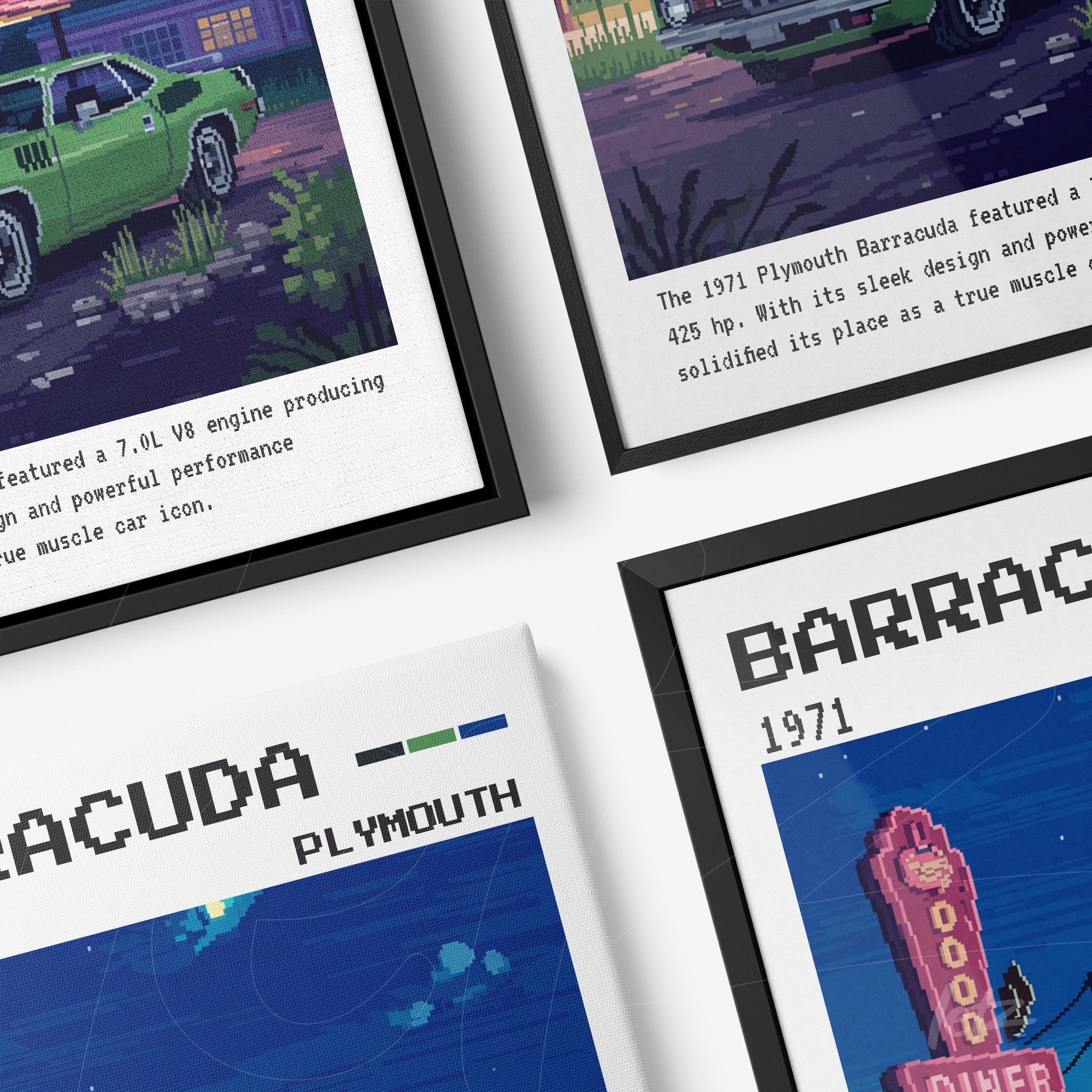 série de quadros com arte pixelada destacando o carro Plymouth Barracuda de 1971, com moldura preta e fundo com elementos retro