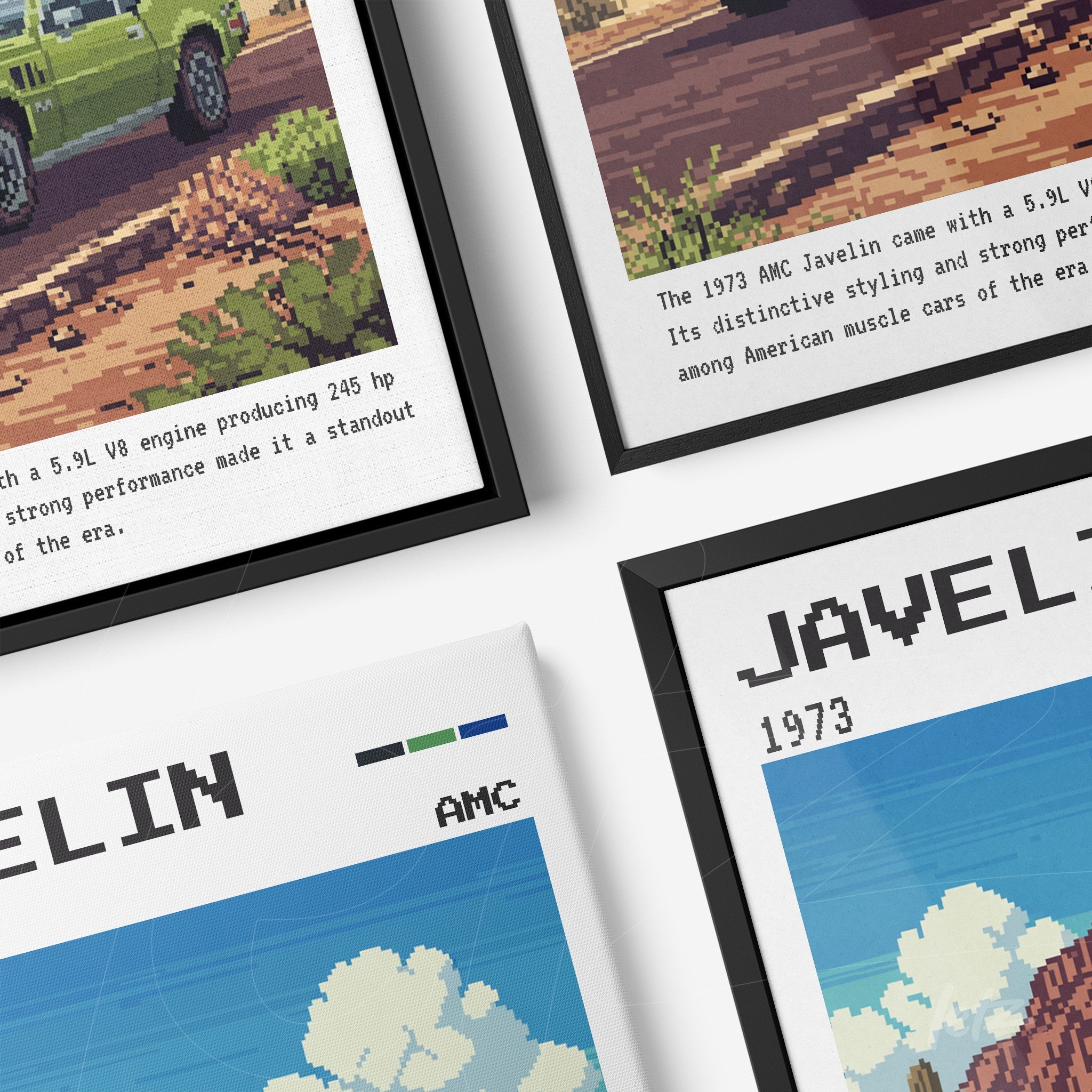 composição de quadros com arte digital do carro AMC Javelin em estilo pixelado, molduras pretas e fundo colorido com detalhes de paisagem