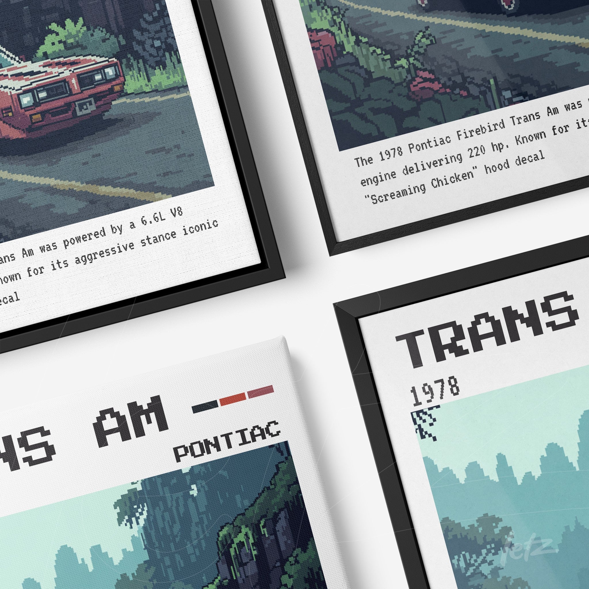 composição com quadros que destacam a arte pixelada de um Pontiac Trans Am rodeado por vegetação, com molduras pretas e texto informativo ao lado