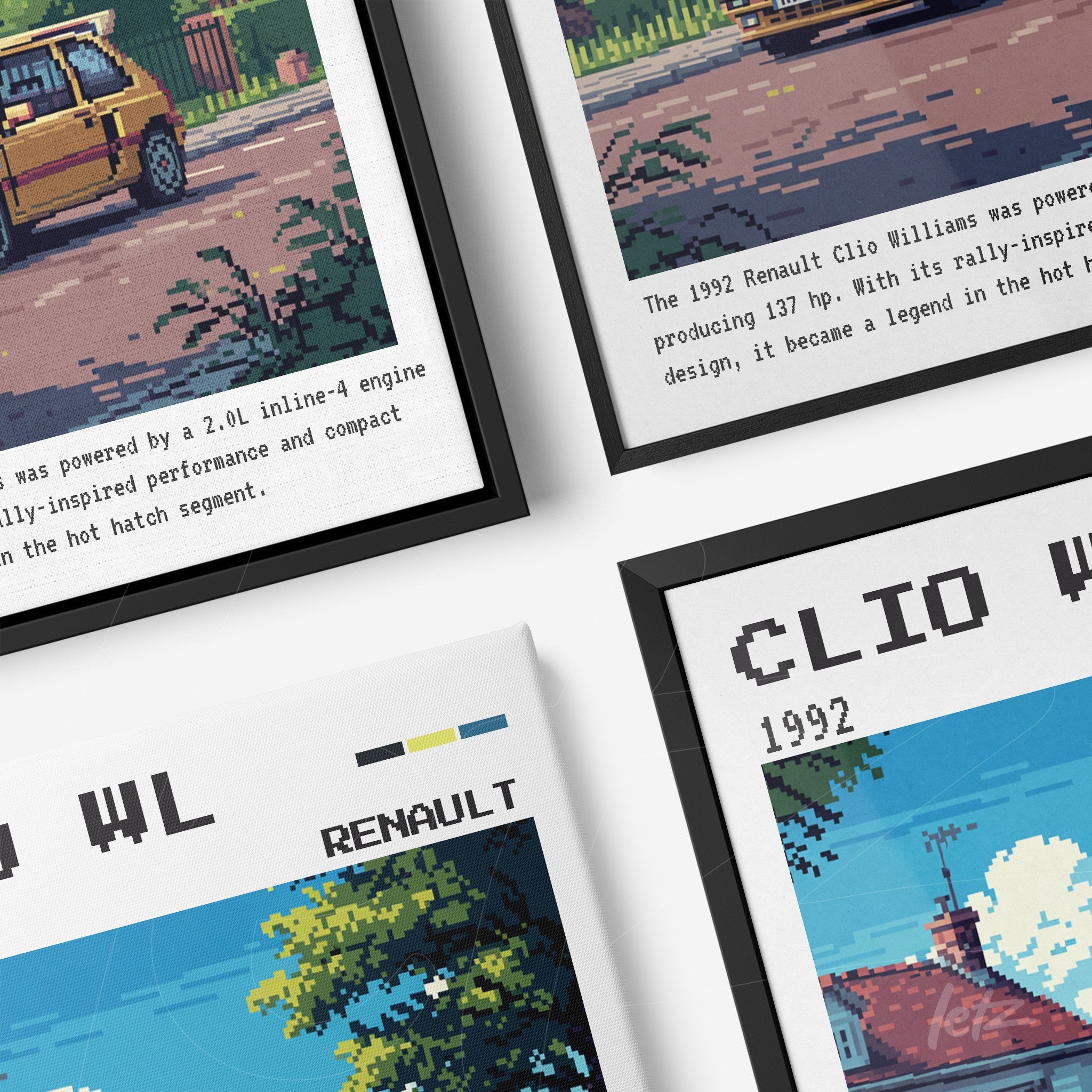 composição de quadros com arte pixelada do Renault Clio Williams em molduras pretas, apresentando texto explicativo e imagens do carro em paisagens urbanas