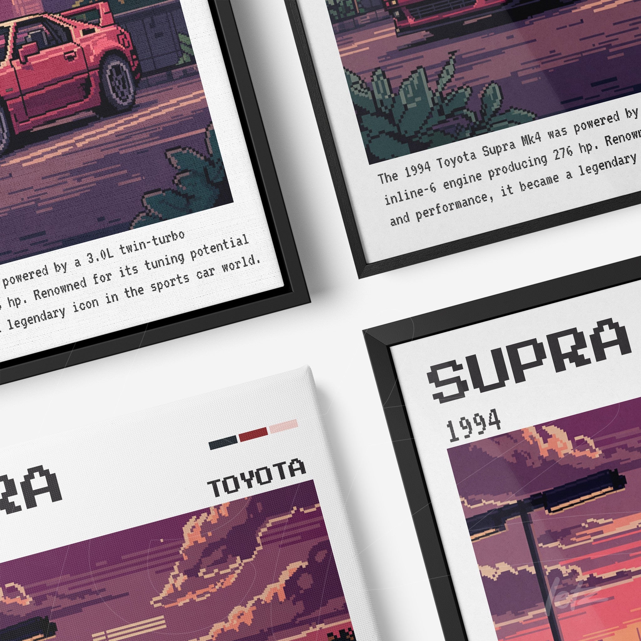 composição de quadros com arte digital da Toyota Supra MK4, destacando detalhes do carro e texto informativo em estilo retro