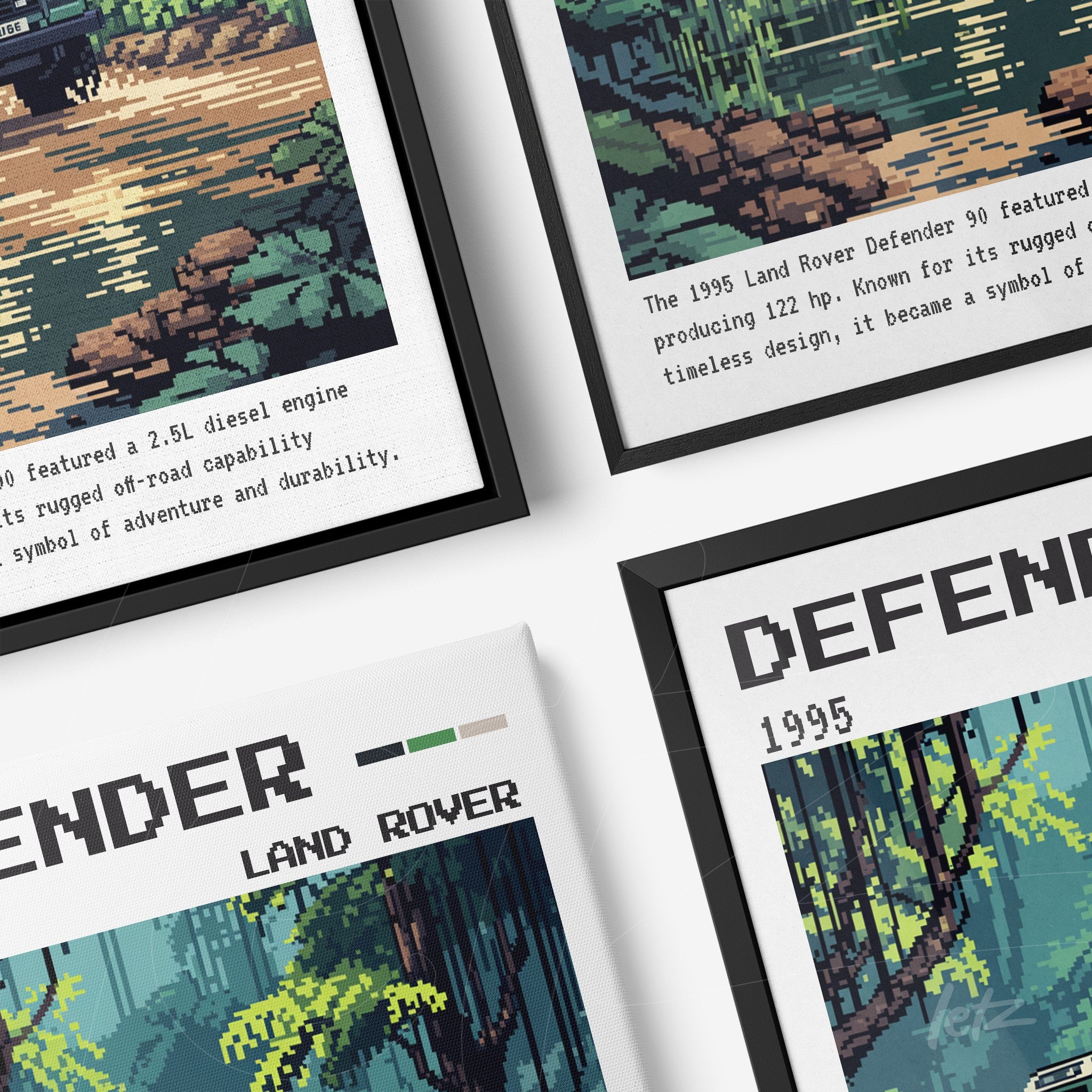 seriação de quadros com ilustrações pixeladas do carro off-road Land Rover Defender 1995 em molduras preta e branca