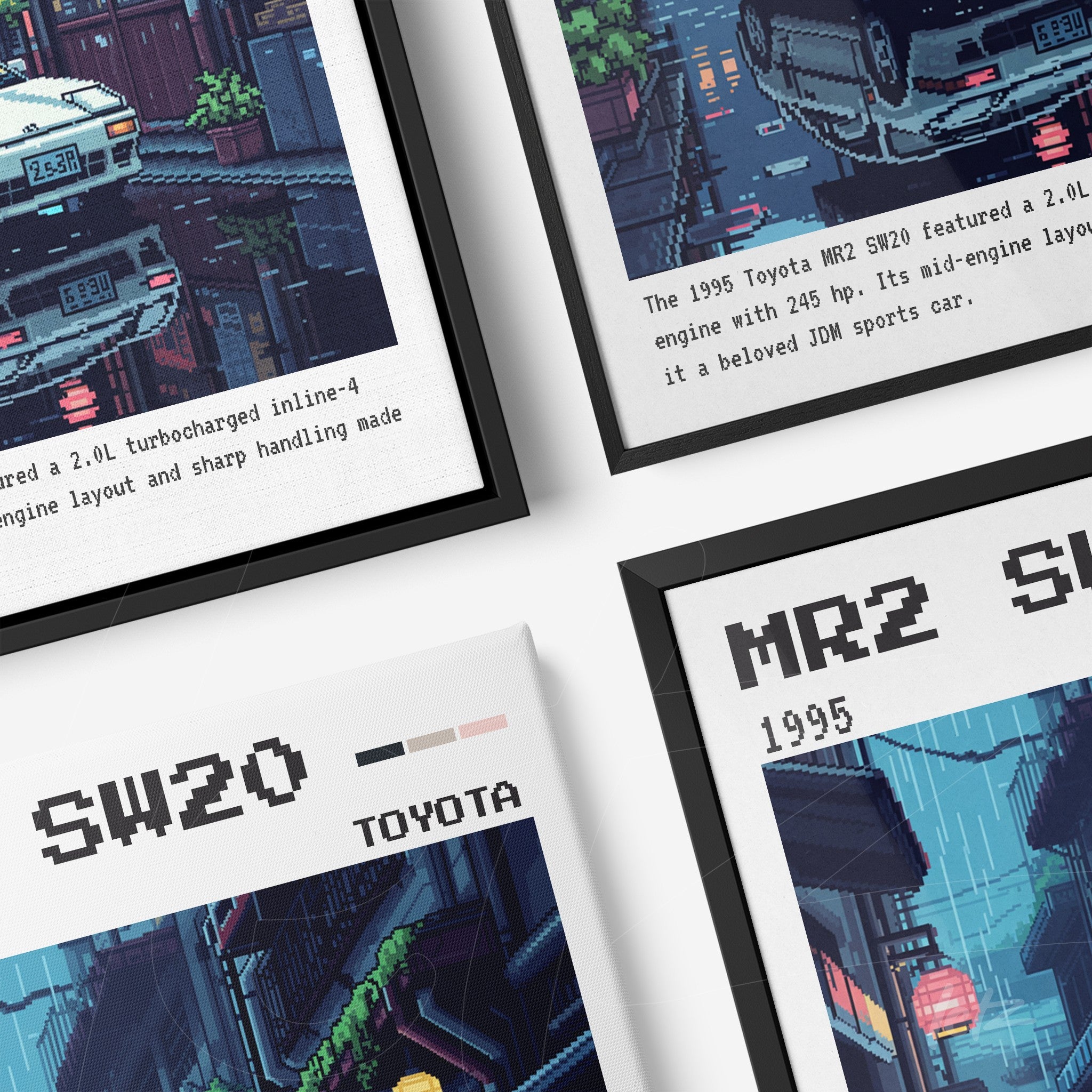 composição com quadros emoldurados retratando o Toyota MR2 SW20 vintage em estilo pixel art, com detalhes da cidade à noite e uma moldura preta