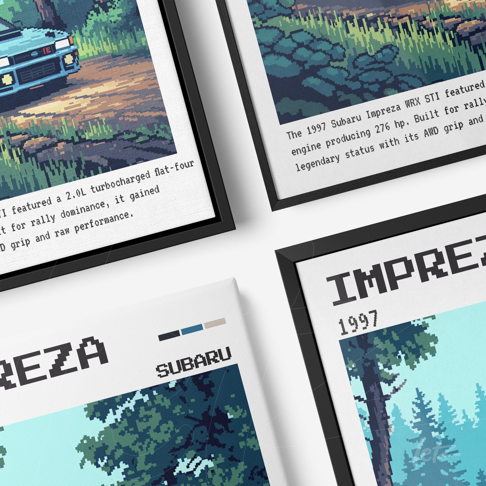 composição de quadros com arte pixelada do Subaru Impreza WRX STI em molduras pretas, mostrando detalhes da paisagem e informações sobre o veículo