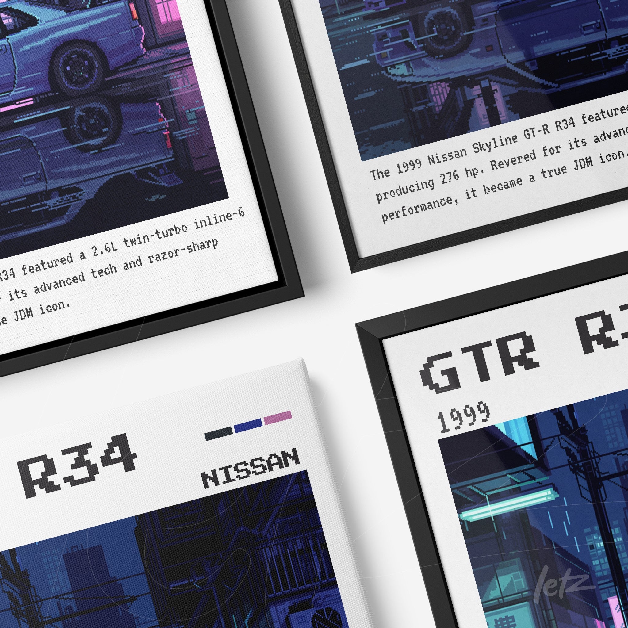 composição de quadros com ilustrações do carro Nissan Skyline GT-R nas versões R34 e R33, molduras pretas e brancas com detalhes em azul