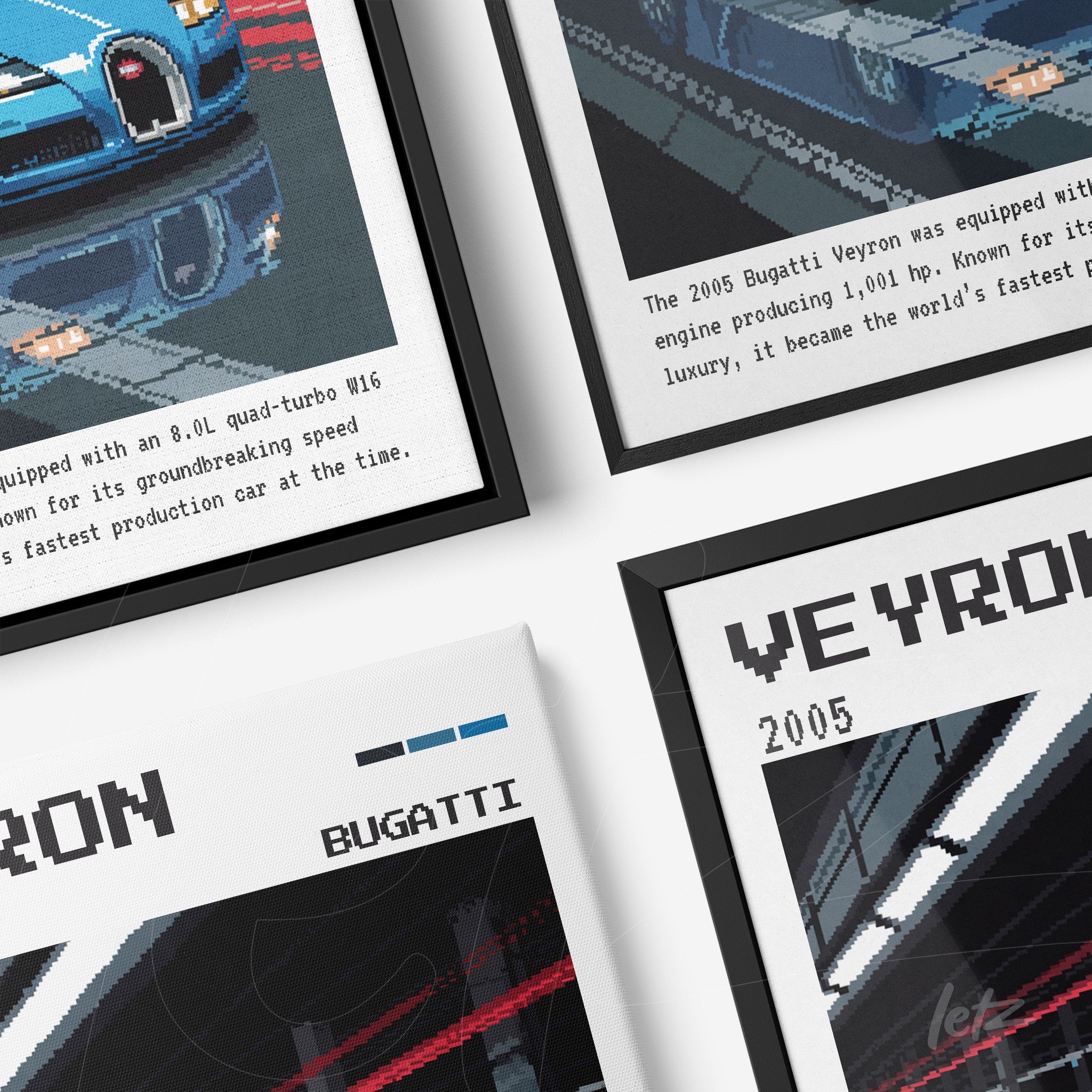 composição de quadros com arte digital retrô do carro Bugatti Veyron, incluindo detalhes como a descrição em texto e molduras pretas