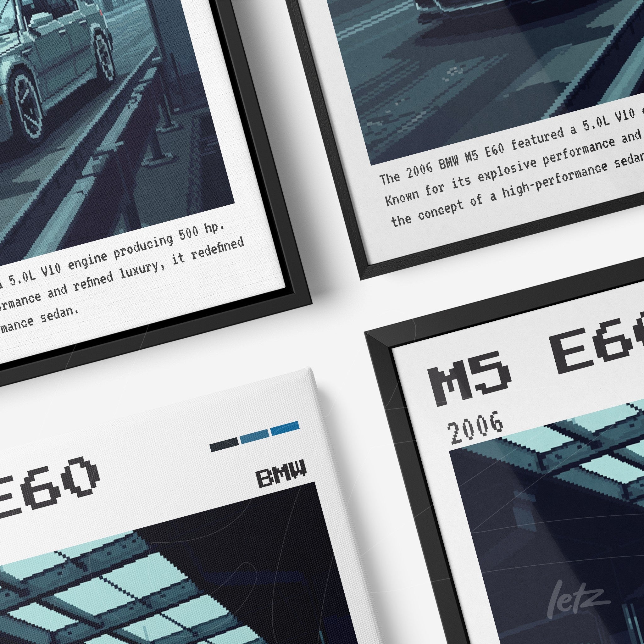 composição de quadros retratando o BMW M5 E60 em arte digital com moldura preta e moldura branca