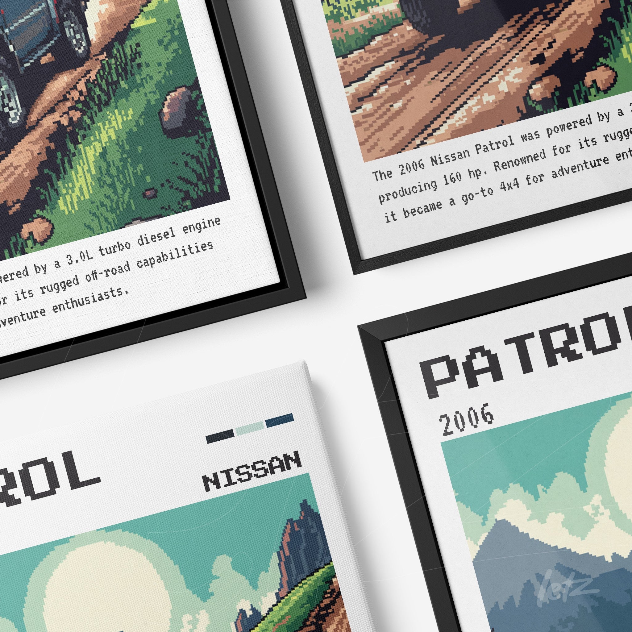 coleção de quadros com ilustrações pixeladas de carros 4x4, destaque para Nissan Patrol 2006 em moldura preta