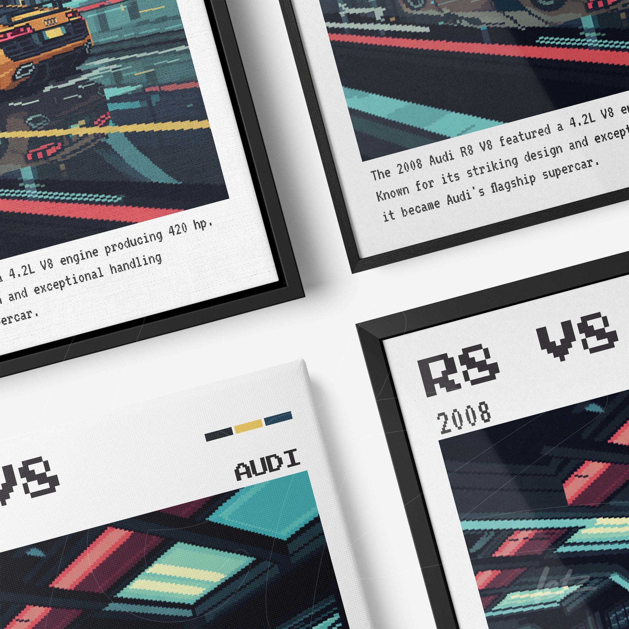 composição de quadros com arte digital de um carro Audi R8, molduras preta e branca, detalhes em texto sobre o desempenho do motor V8