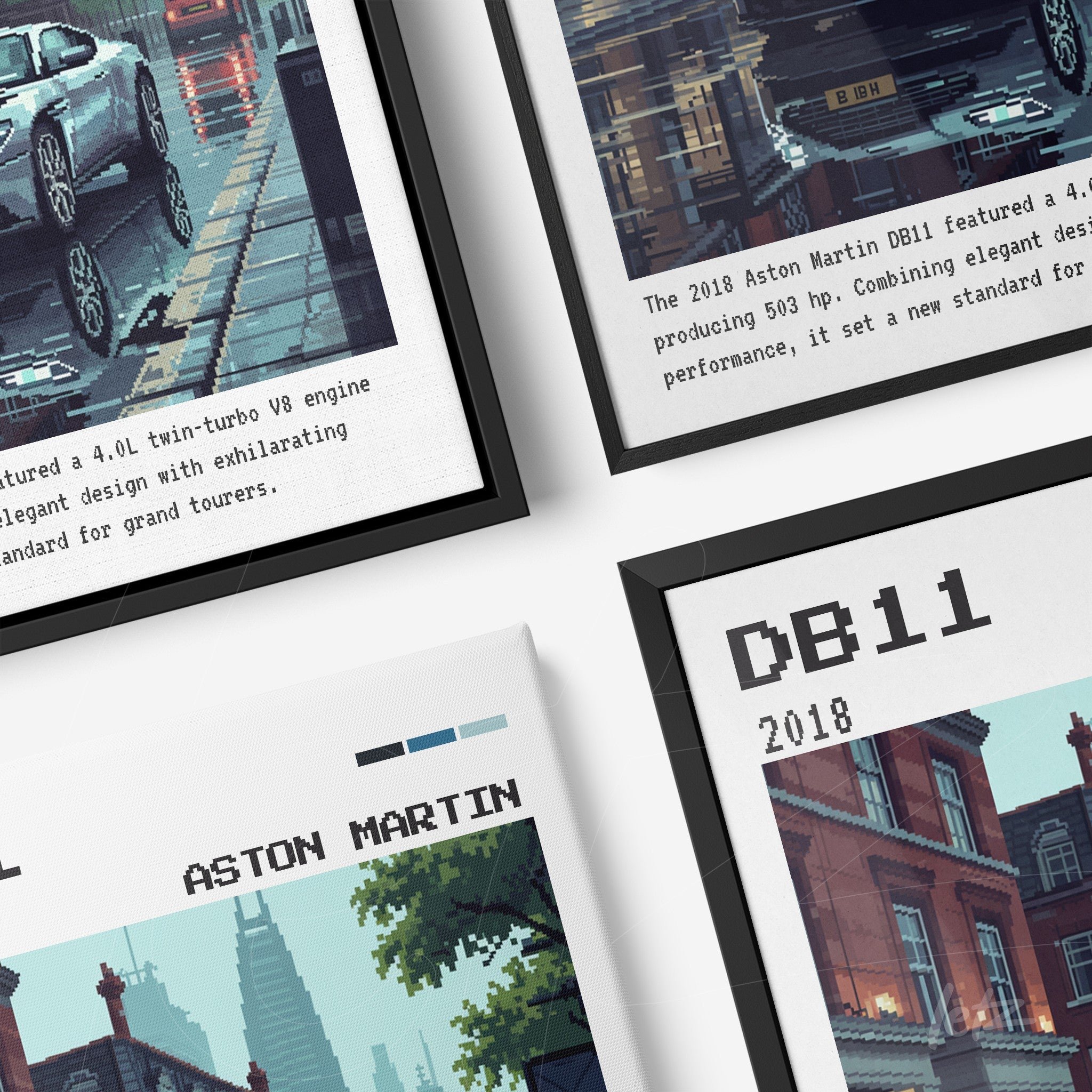 composição com quadros de arte digital retratando detalhes do Aston Martin DB11, com molduras pretas e brancas contrastantes