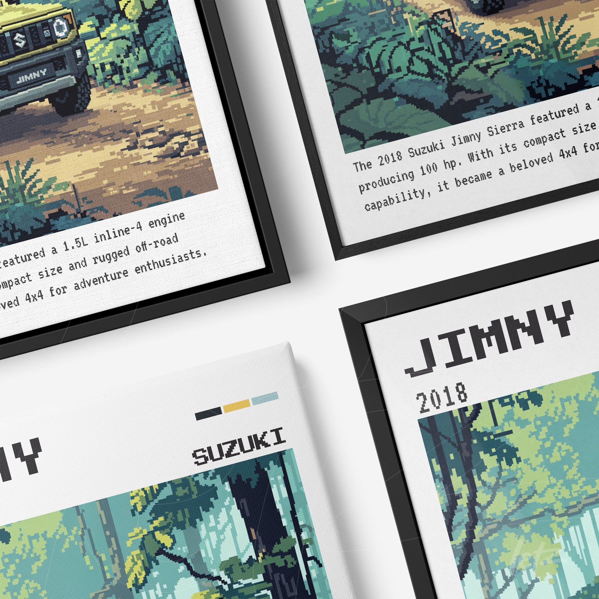 composição de quadros digitais retratando um Suzuki Jimny em estilo pixel art com molduras preta e branca