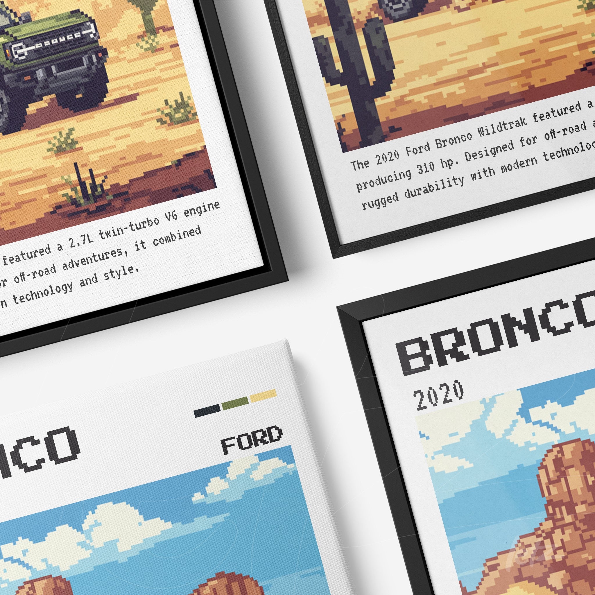 composição de quadros com arte digital do Ford Bronco em estilo retro, molduras preta e branca com detalhes do veículo em fundo desértico