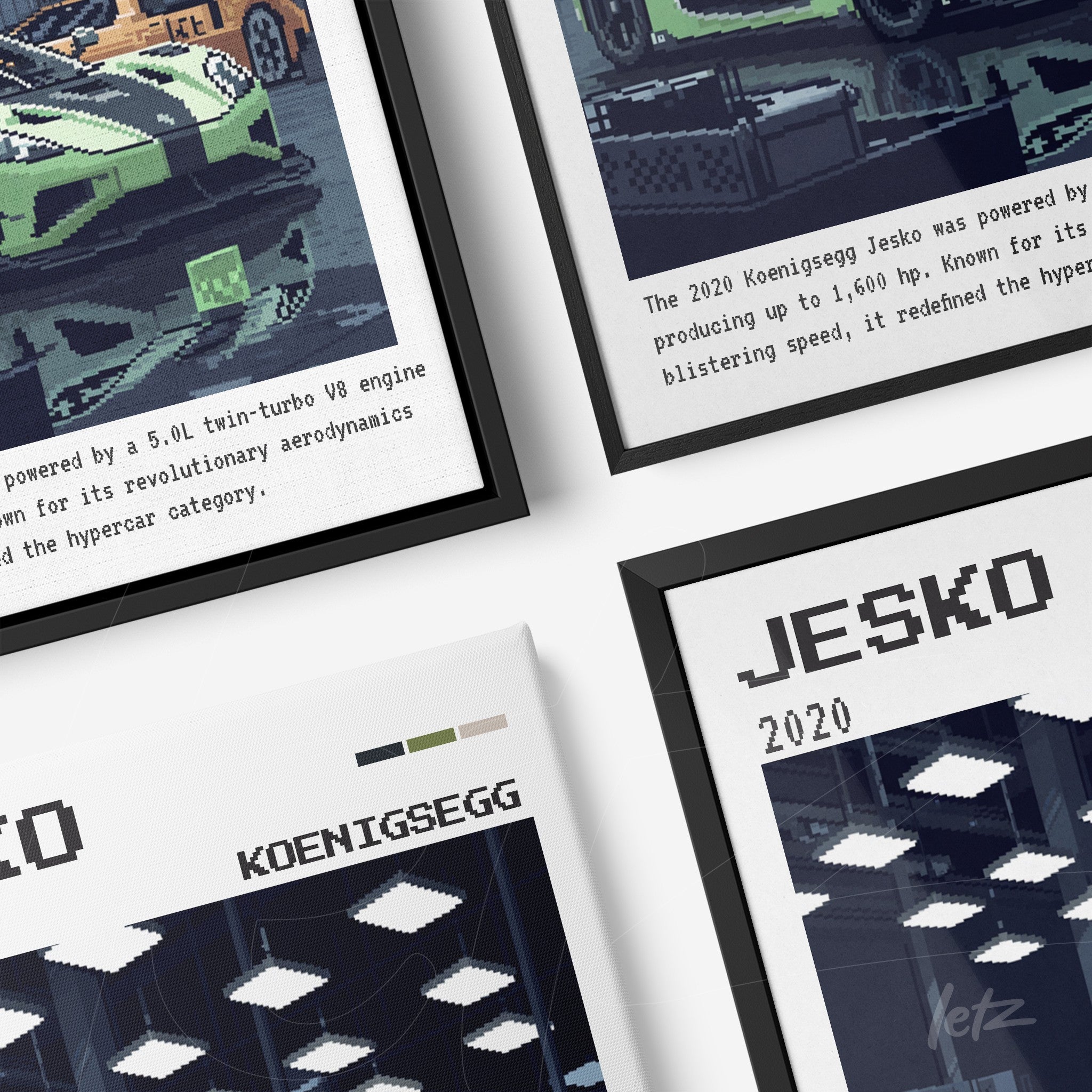 composição de quadros com arte digital de carros Koenigsegg Jesko em estilo pixel art, com molduras pretas e fundo claro
