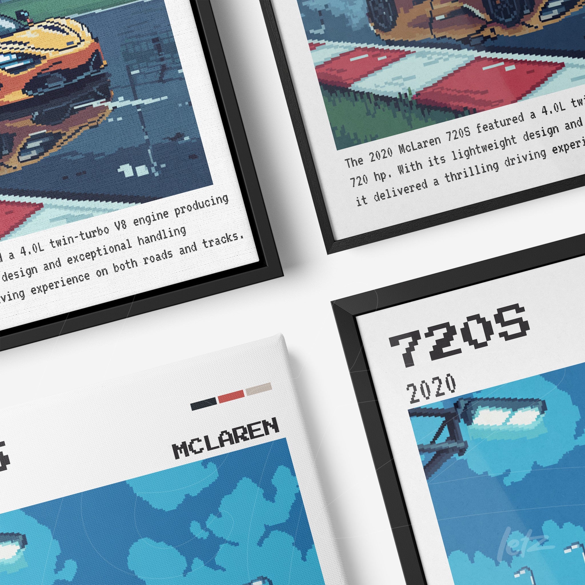 composição de quadros com arte pixelada do carro McLaren 720S em molduras pretas, destacando informações sobre o modelo e seu desempenho em fundo azul