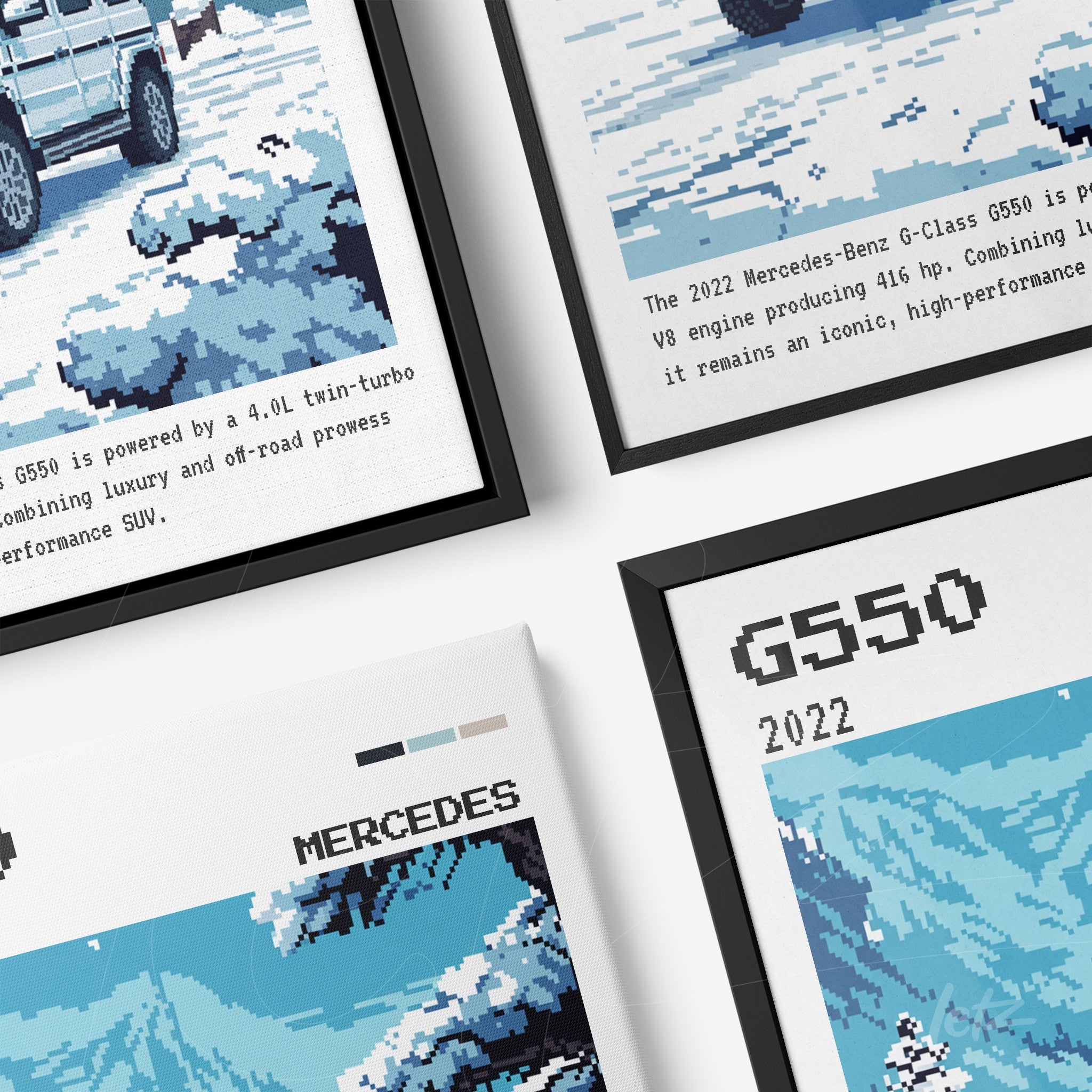 composição de quadros com ilustrações pixeladas do Mercedes-Benz G550 em molduras pretas e brancas com fundo azul