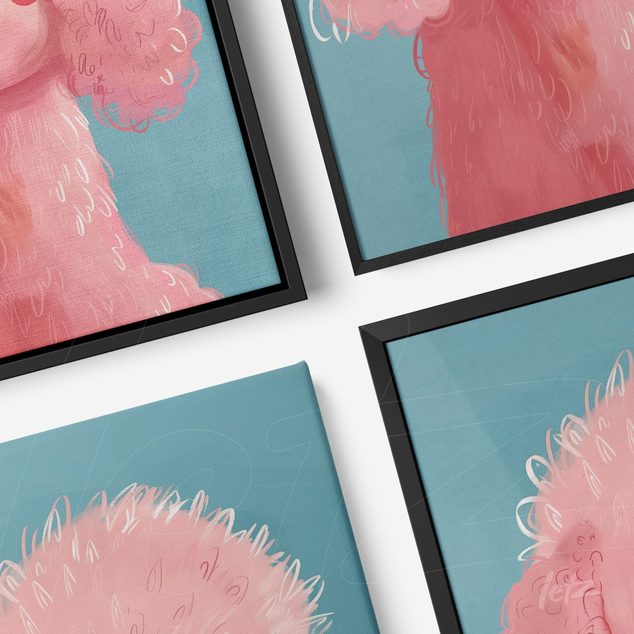 série de quadros com arte digital de poodles cor de rosa em moldura preta sobre fundo azul