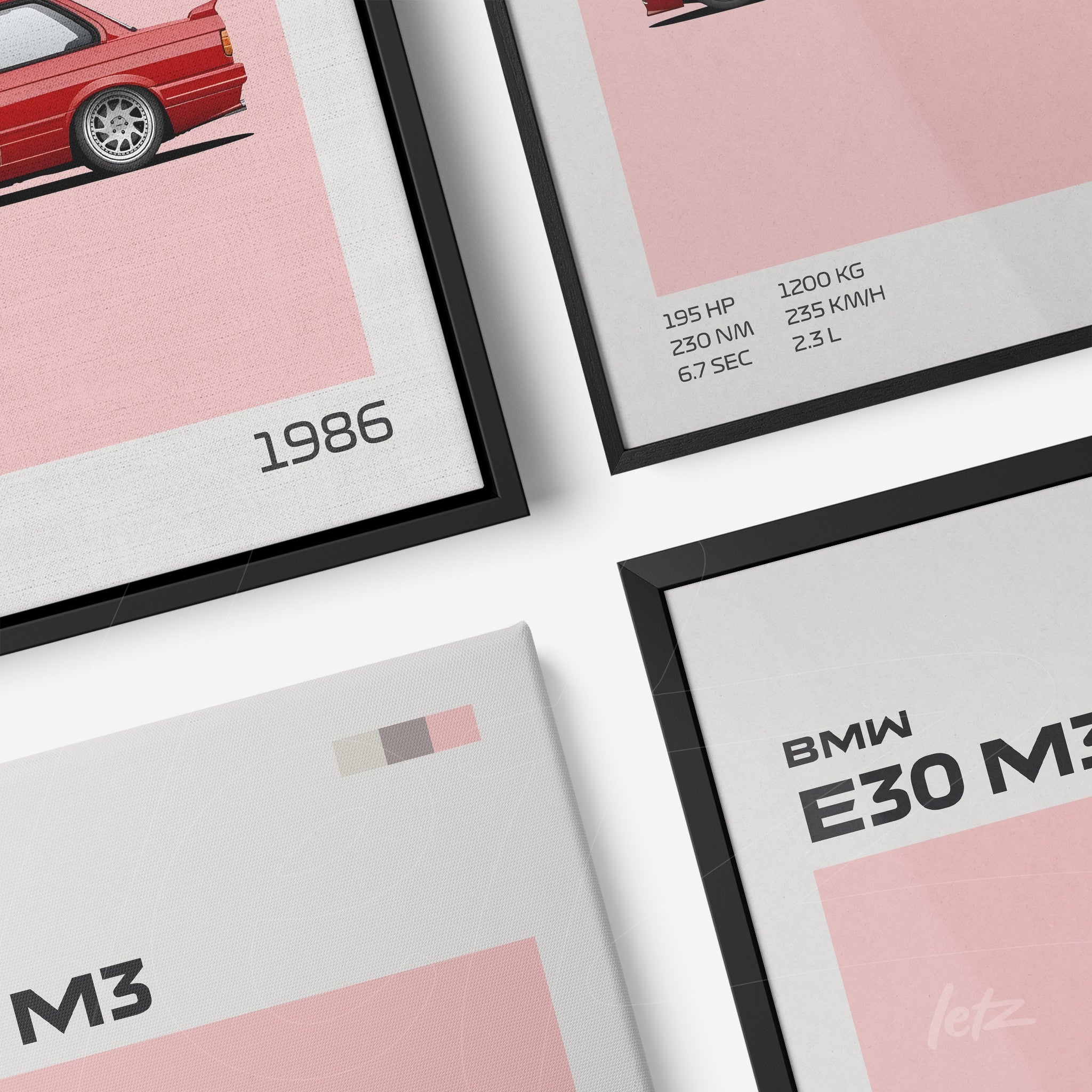 composição de quadros com ilustrações do carro BMW E30 M3 em estilo minimalista com fundo rosa e informações gráficas