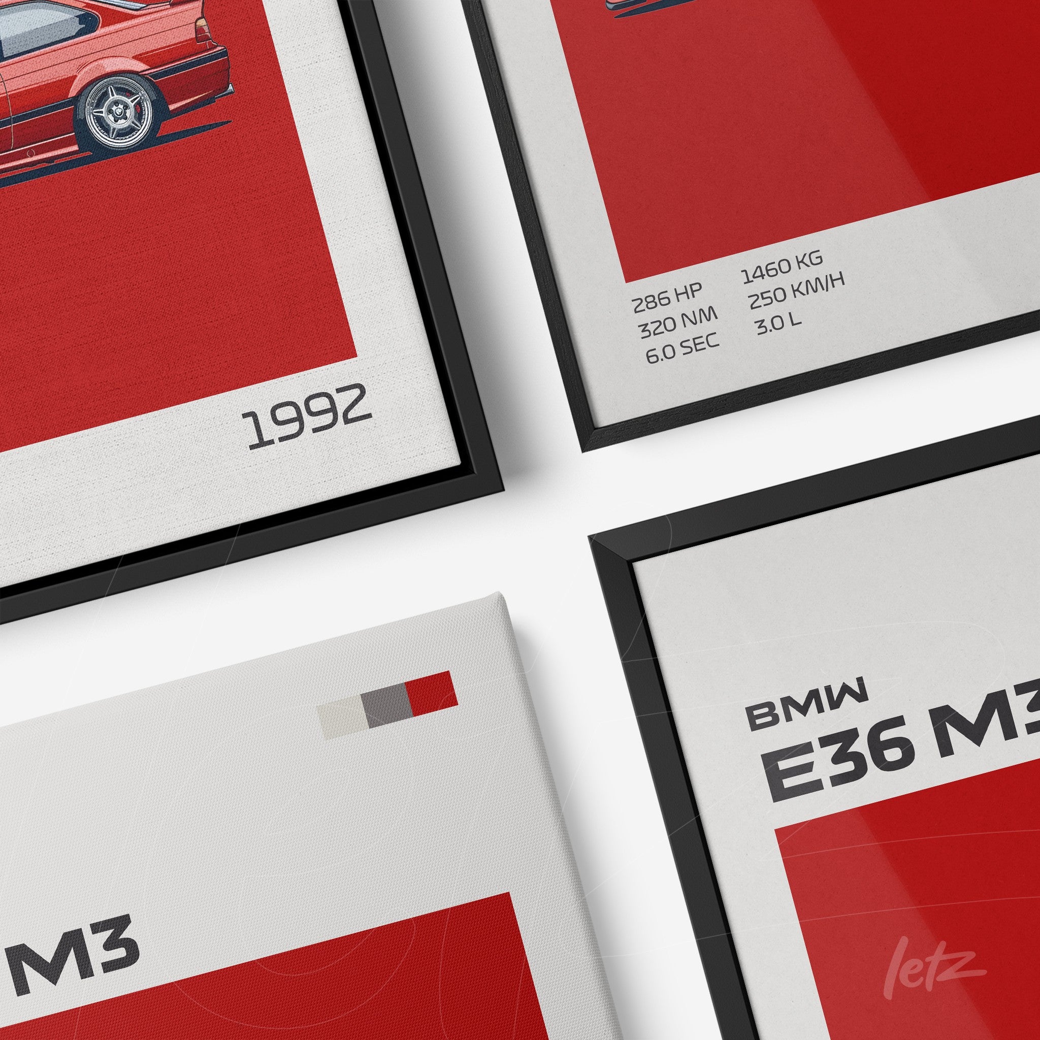 composição com quadros decorativos do BMW E36 M3 em estilos gráfico e minimalista, com moldura preta e canvas em fundo vermelho