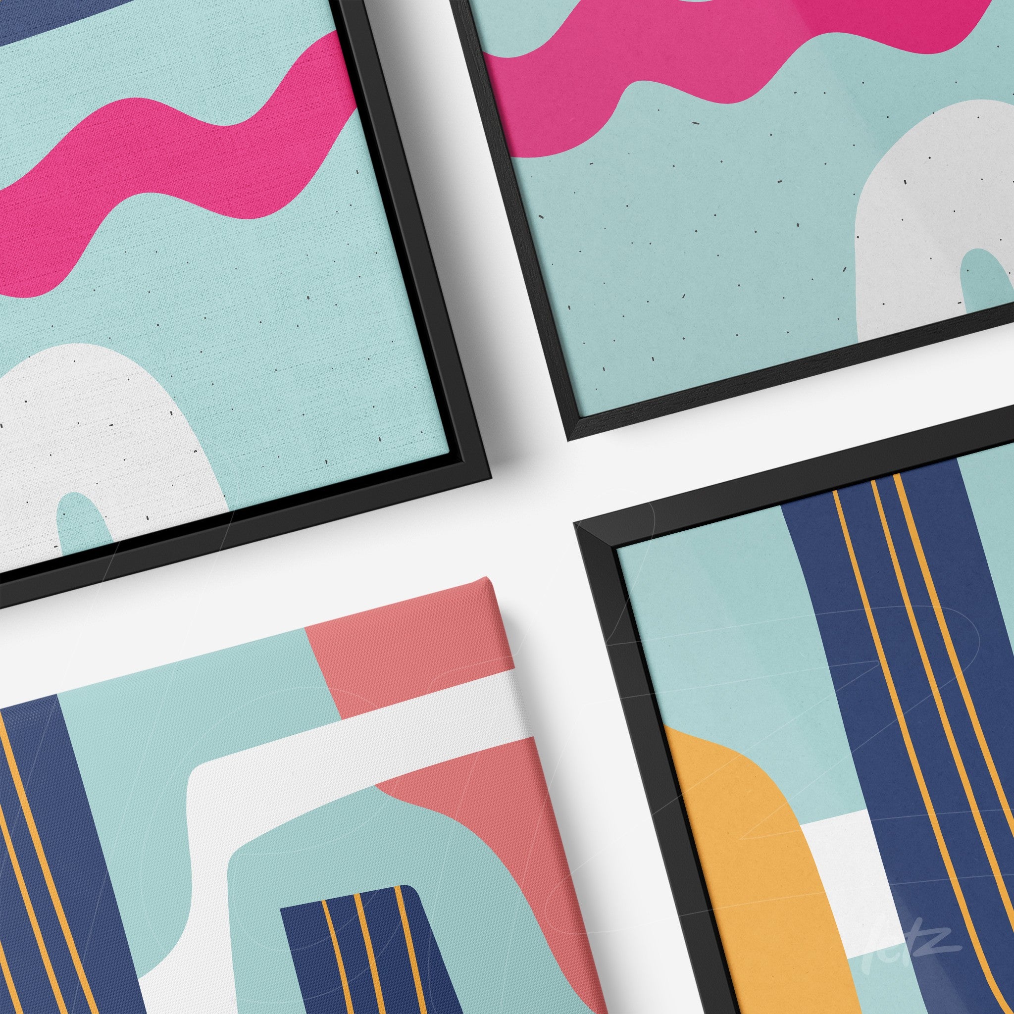 ```json
{
"alt": "coleção de quadros modernos estilo boho com molduras pretas finas sobre fundo claro, apresentando formas geométricas e cores vivas como azul, rosa e amarelo",
"alt_en": "collection of modern boho style frames with thin black borders on a light background, featuring geometric shapes and vibrant colors like blue, pink, and yellow"
}
```