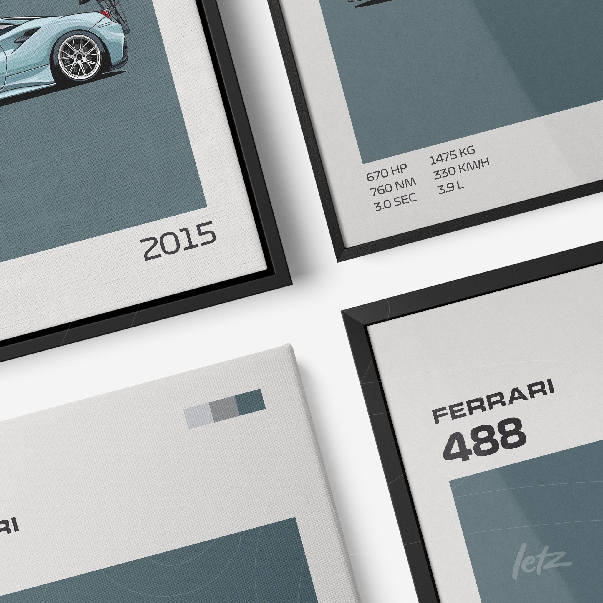 composição de quadros com ilustrações da Ferrari 488 em molduras finas, destacando detalhes técnicos e design automobilístico