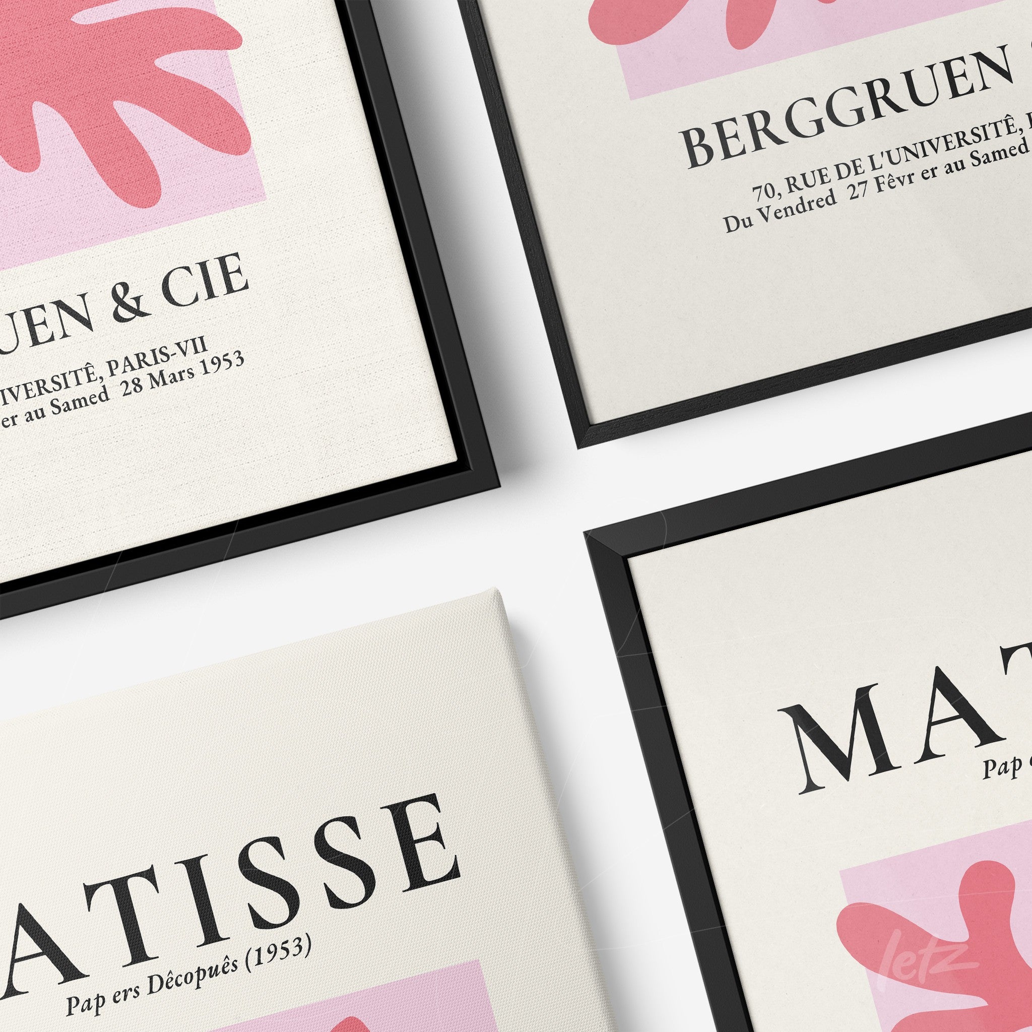 composição de quadros com artes inspiradas em Matisse, molduras pretas e fundo claro