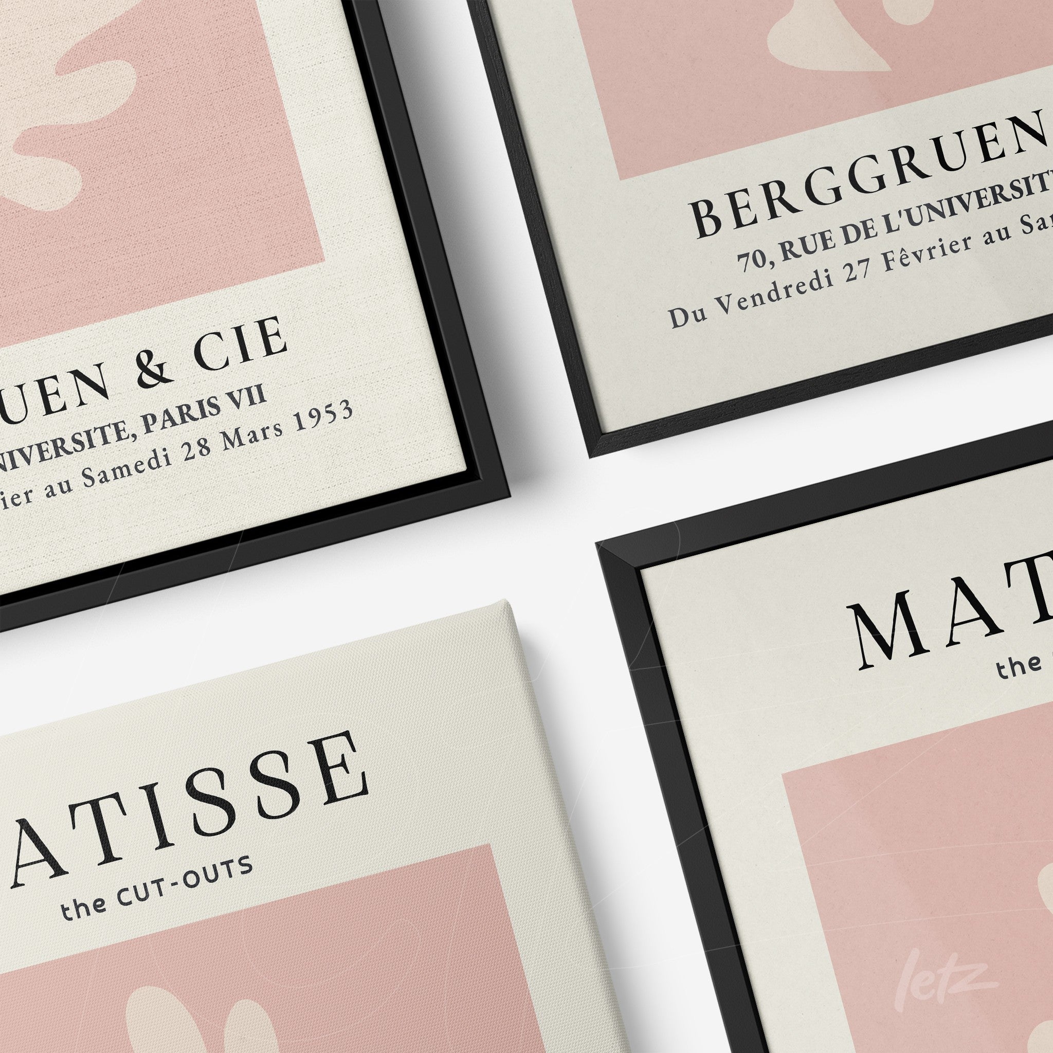 composição de quadros com arte abstrata em tons pastel e molduras pretas finas, incluindo obras de Matisse e Berggruen