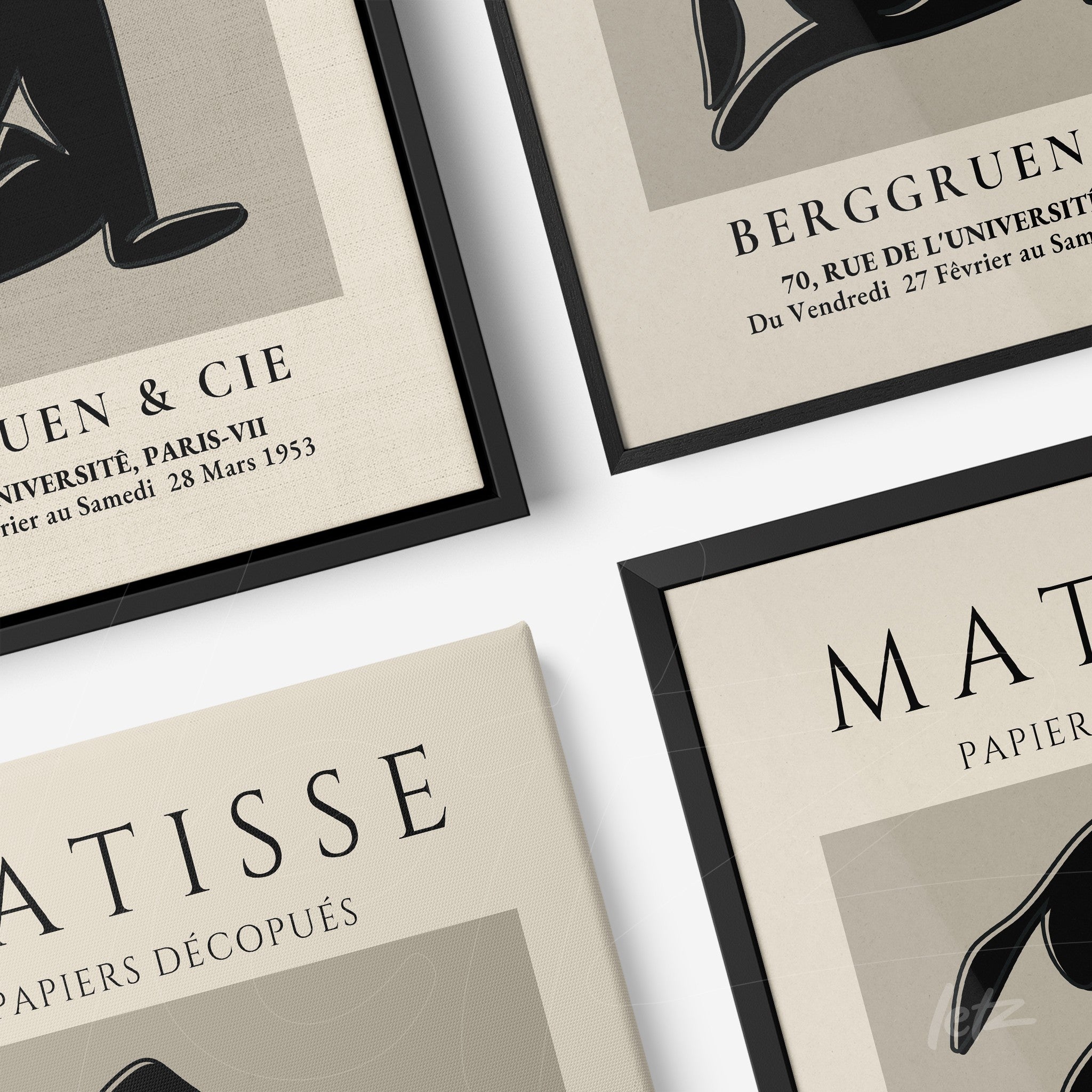 composição de quadros com ilustrações em preto e branco, molduras pretas, e tipografia artística em estilo vintage