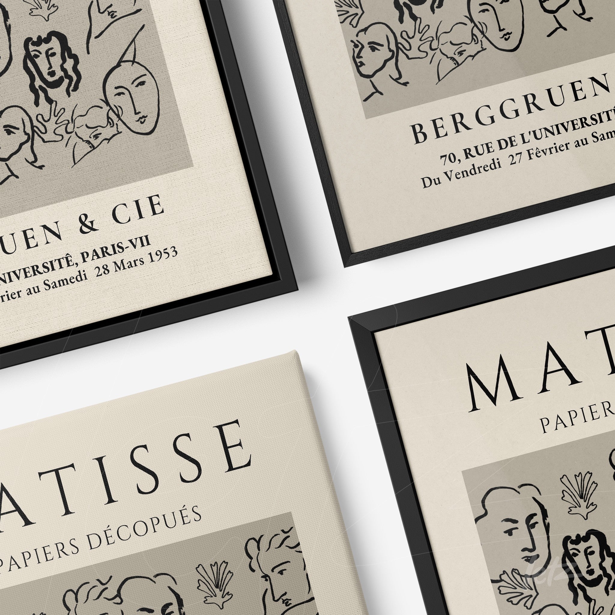 série de quadros com ilustrações minimalistas em molduras pretas, retratando rostos estilizados sobre fundo bege