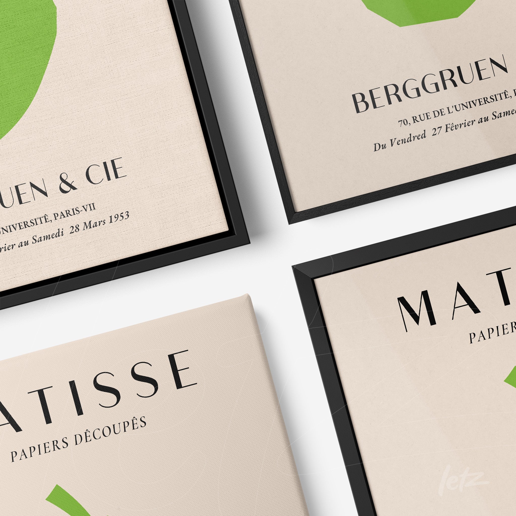 composição de quadros com arte moderna inspirada por Matisse em molduras pretas, apresentando folhas verdes sobre fundo neutro
