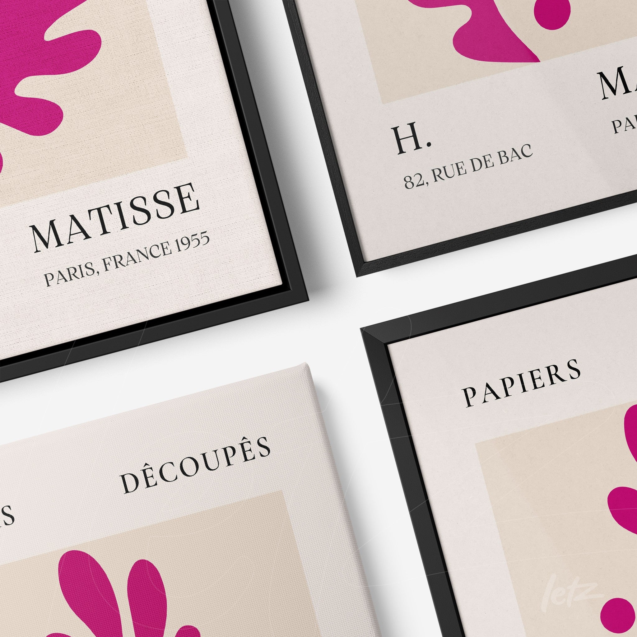 composição de quadros em molduras pretas com arte inspirada em Matisse em fundo claro e elementos coloridos