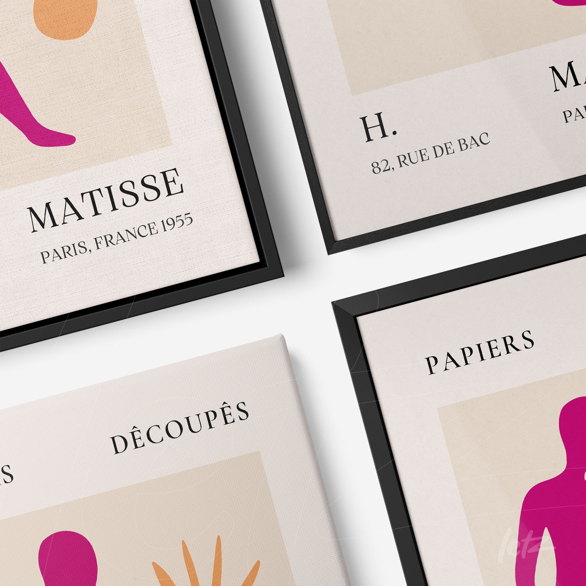 composição de quadros com arte abstrata colorida em molduras pretas, representando formas de figuras humanas e elementos naturais