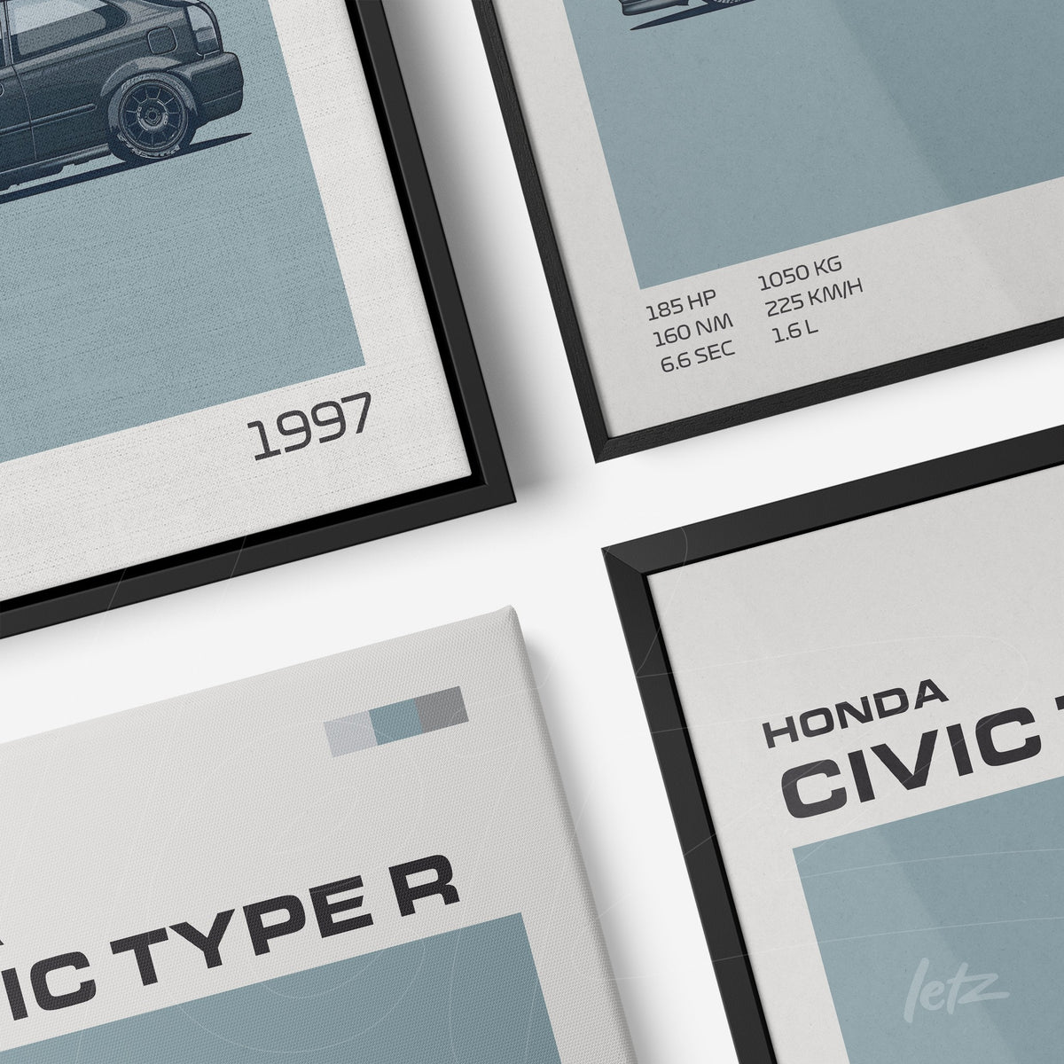 arte digital de quadros com ilustrações minimalistas de carros, moldura preta e detalhe em tela em canvas