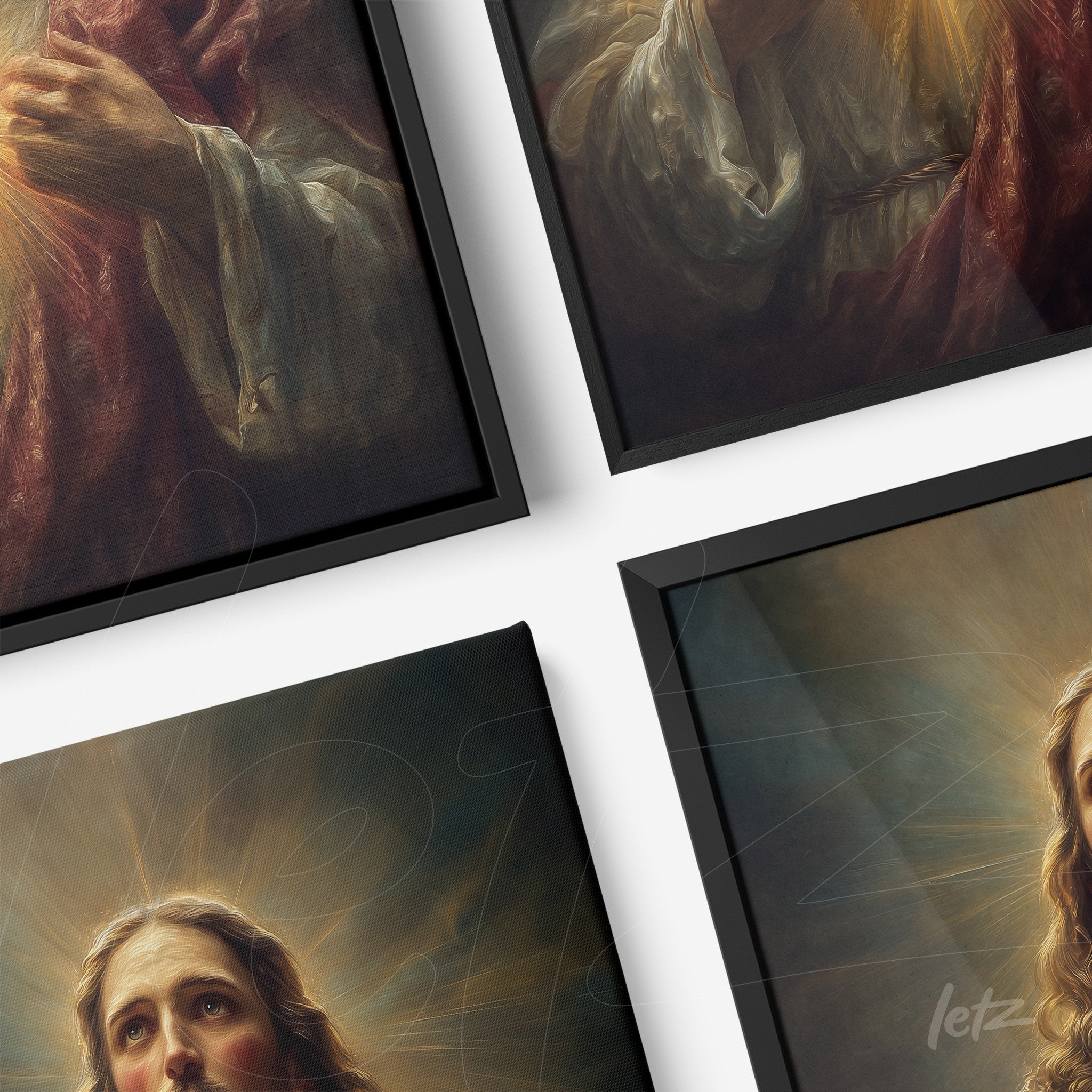 composição de quadros com arte sacra representando Jesus, molduras pretas finas e fundo iluminado