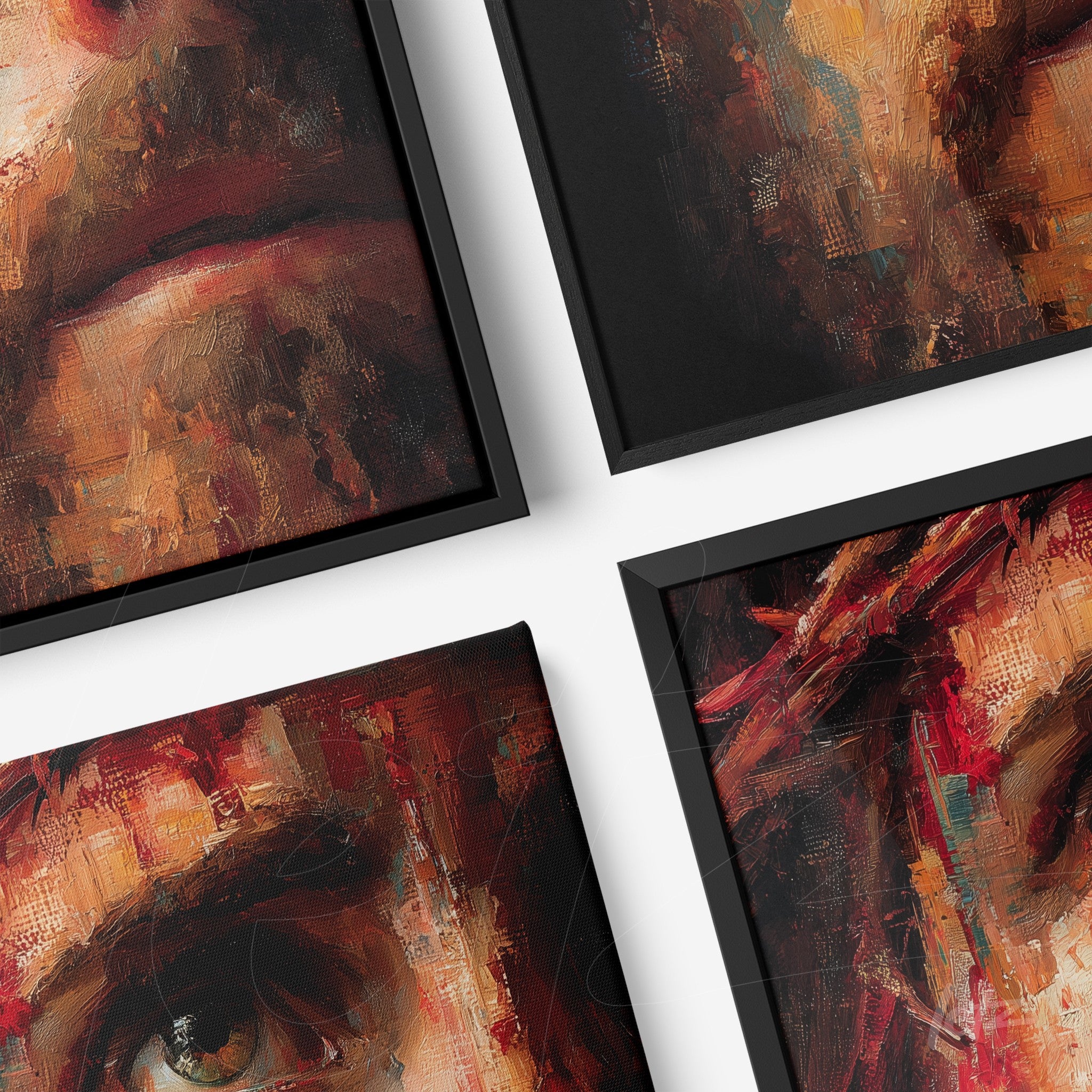 composição de quadros com retratos expressivos em estilo abstrato com moldura preta