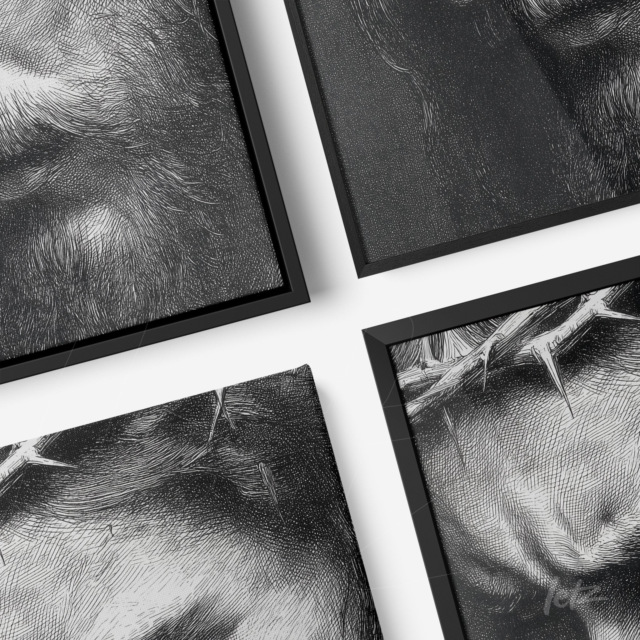 composição de quadros com detalhes em preto e branco de uma figura com coroa de espinhos em moldura preta