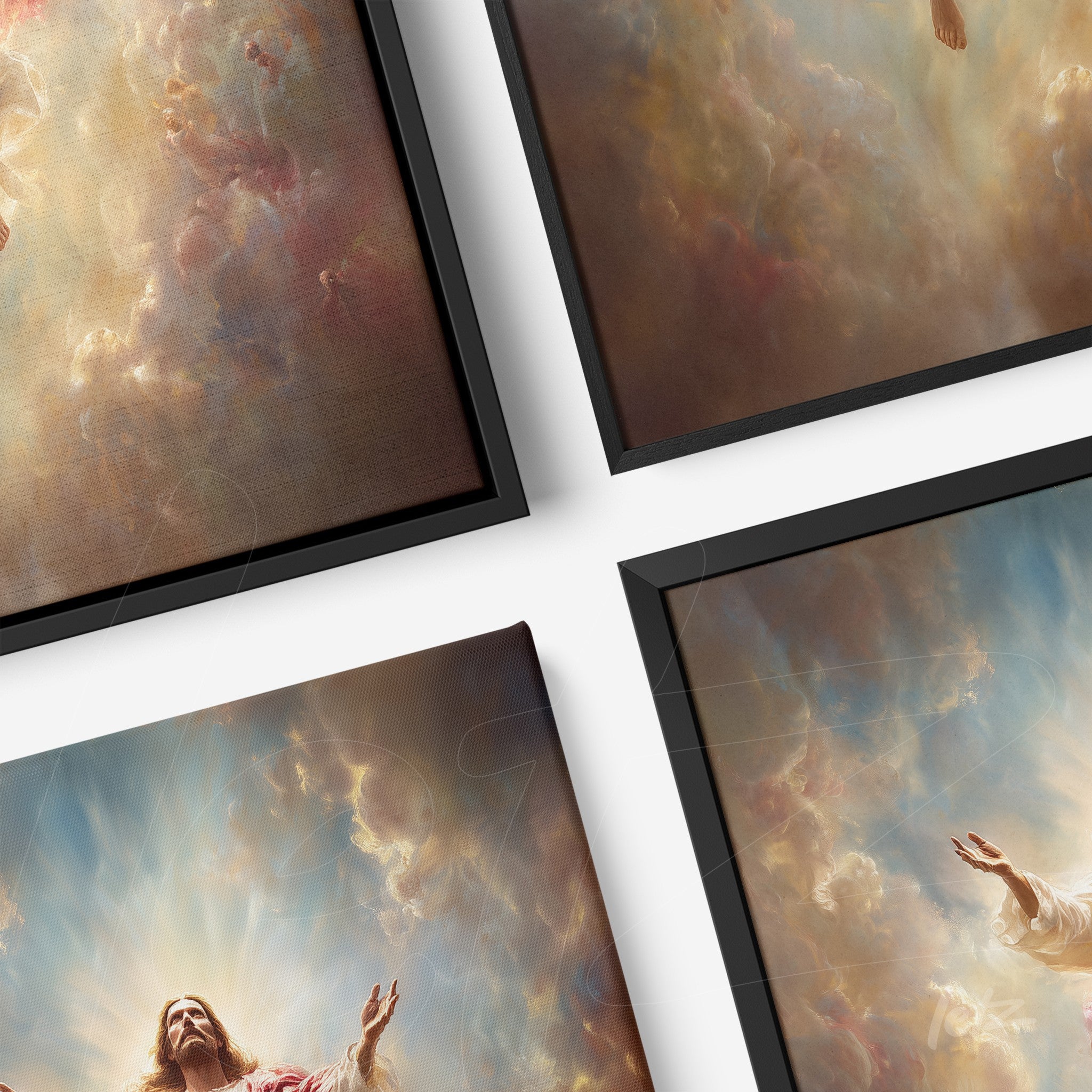 composição de quadros com arte religiosa retratando figuras angelicais e nuvens em estilo clássico, moldura preta