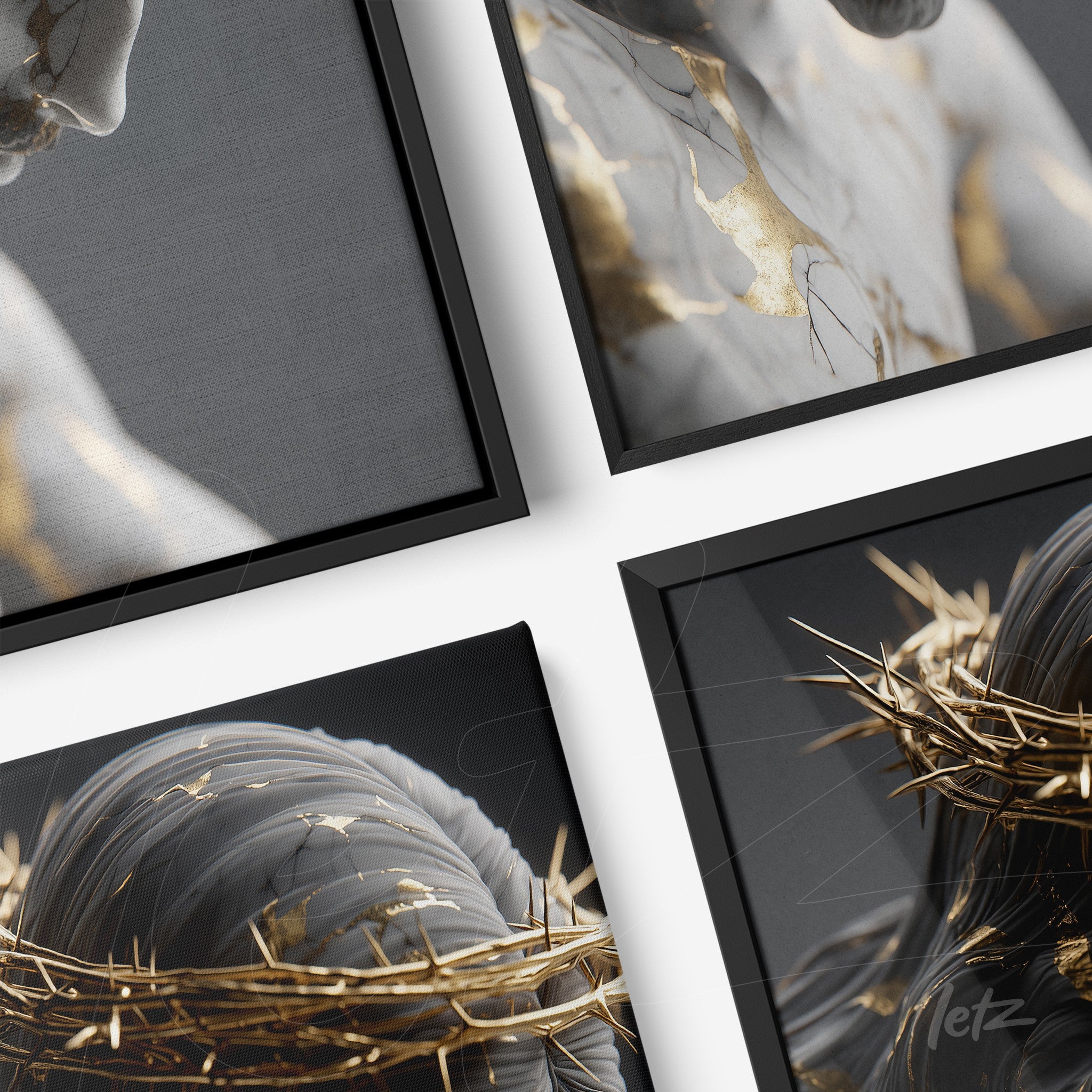 composição de quadros com esculturas em detalhe, molduras pretas e fundo cinza suave