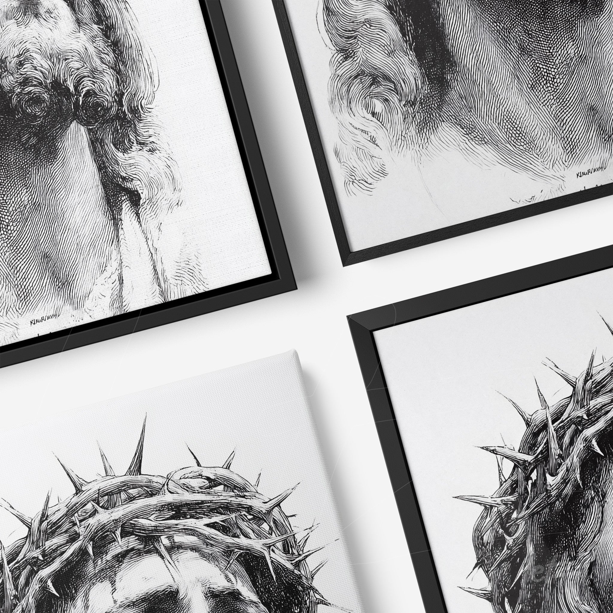 composição de quadros em moldura preta com desenhos em preto e branco de rostos expressivos