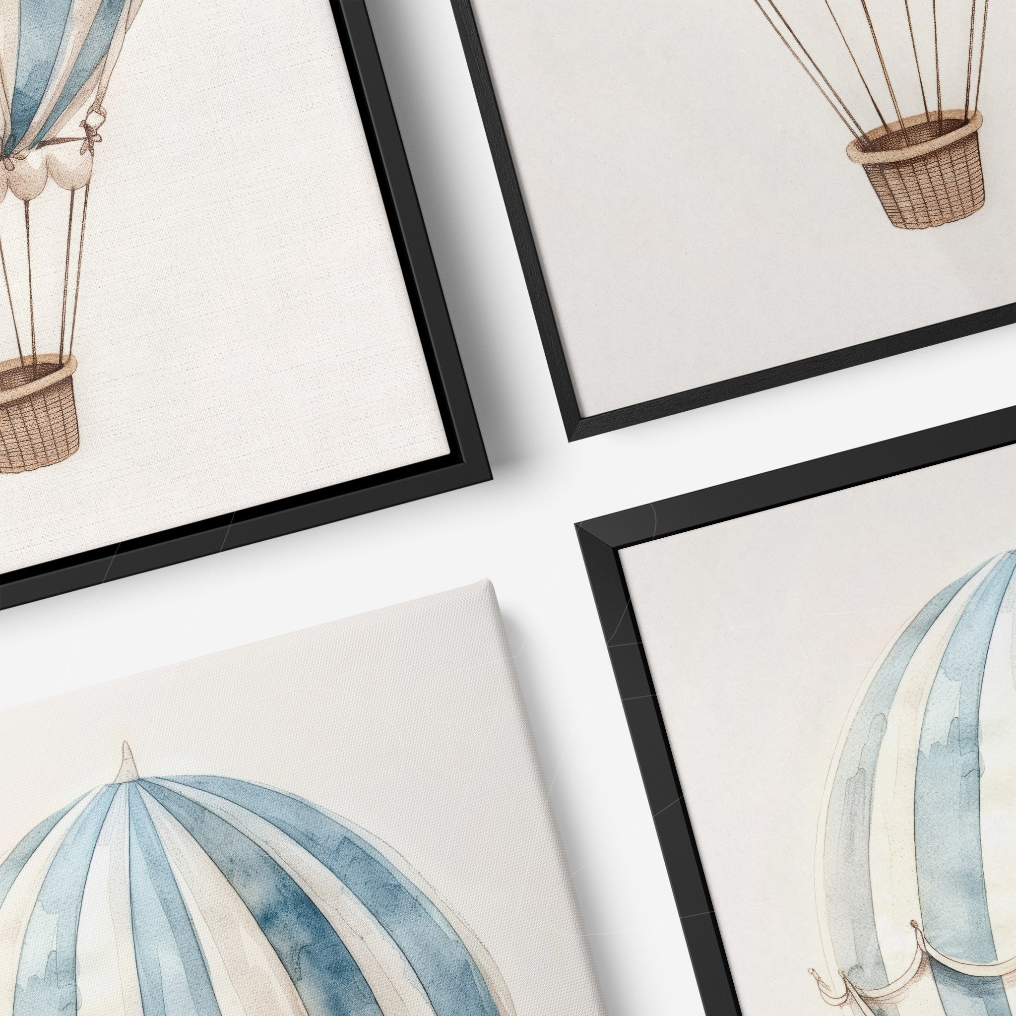 composição de quadros com ilustrações aquareladas de balões de ar quente em molduras pretas