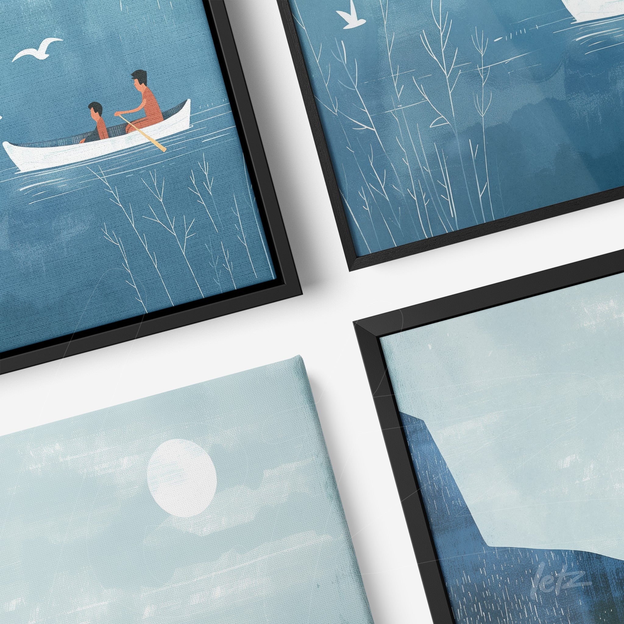 composição de quadros com ilustrações em azul, destacando canoa e lago com pessoas, molduras pretas elegantes