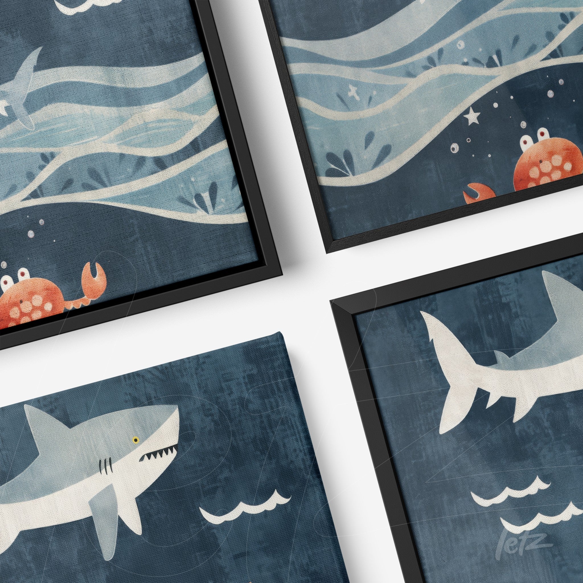 conjunto de quadros em moldura preta com temática marinha, mostrando tubarões e crustáceos sobre fundo azul
