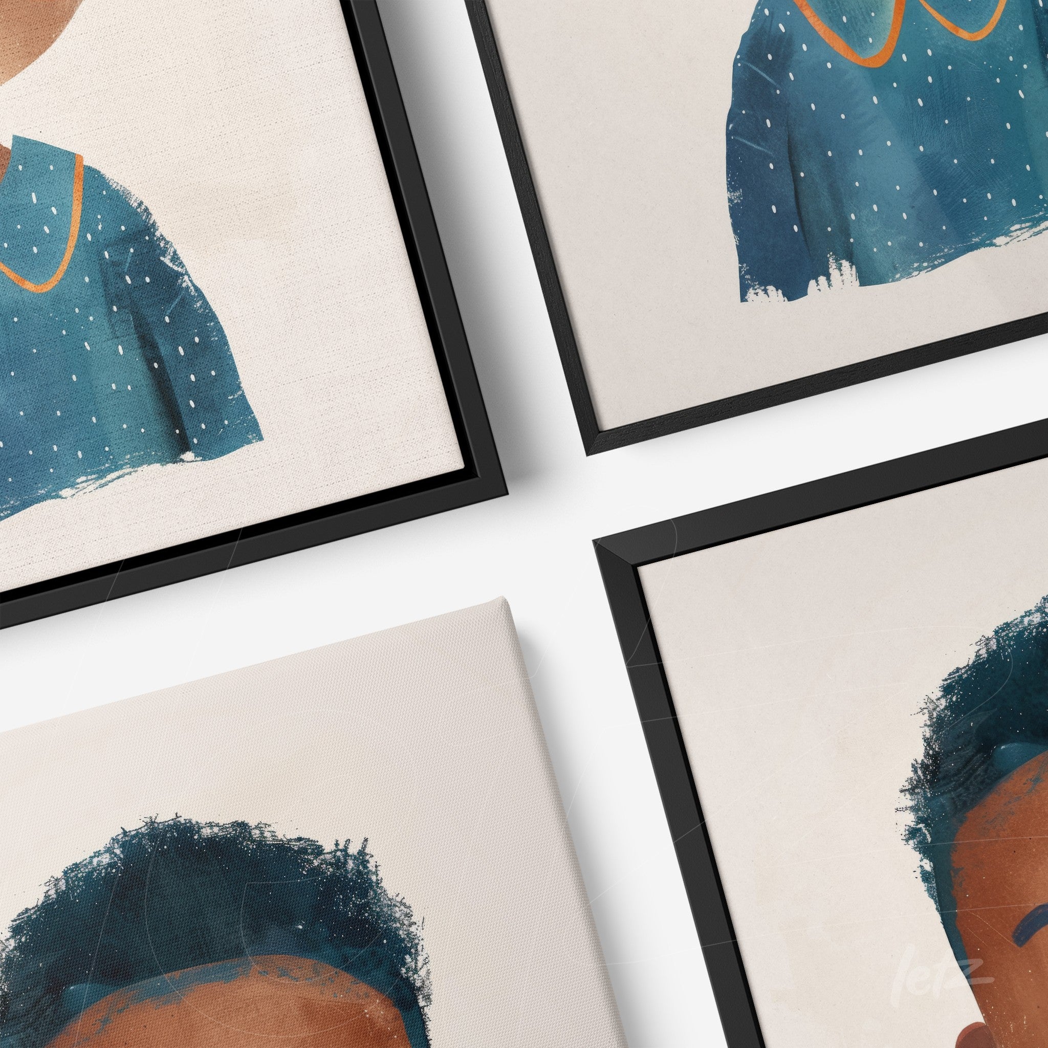 composição com quadros em moldura preta, apresentando ilustrações de rostos de crianças em estilo artístico com traços coloridos