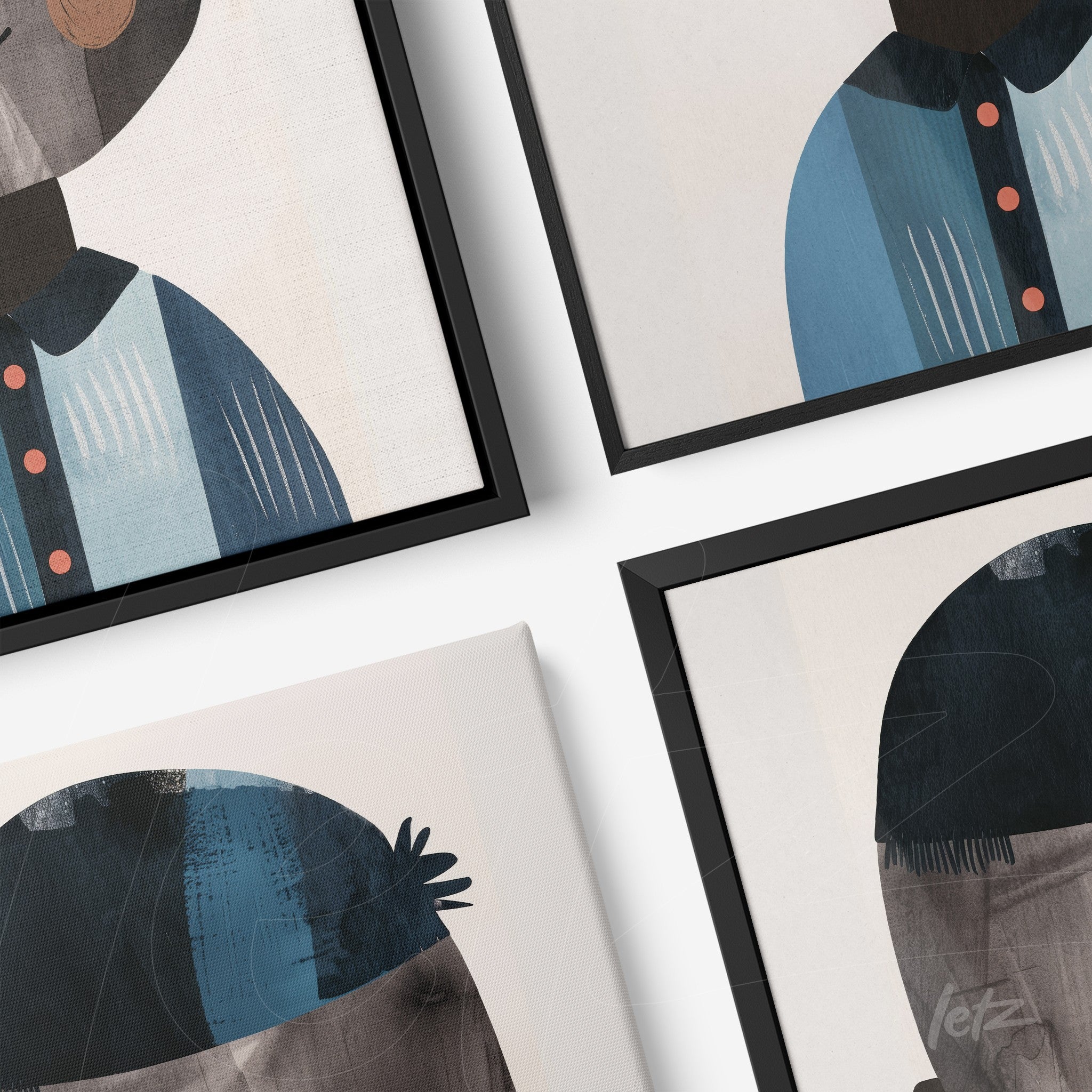 composição de quadros com arte moderna retratando figuras com chapéus e roupas em tons de azul e cinza, molduras pretas