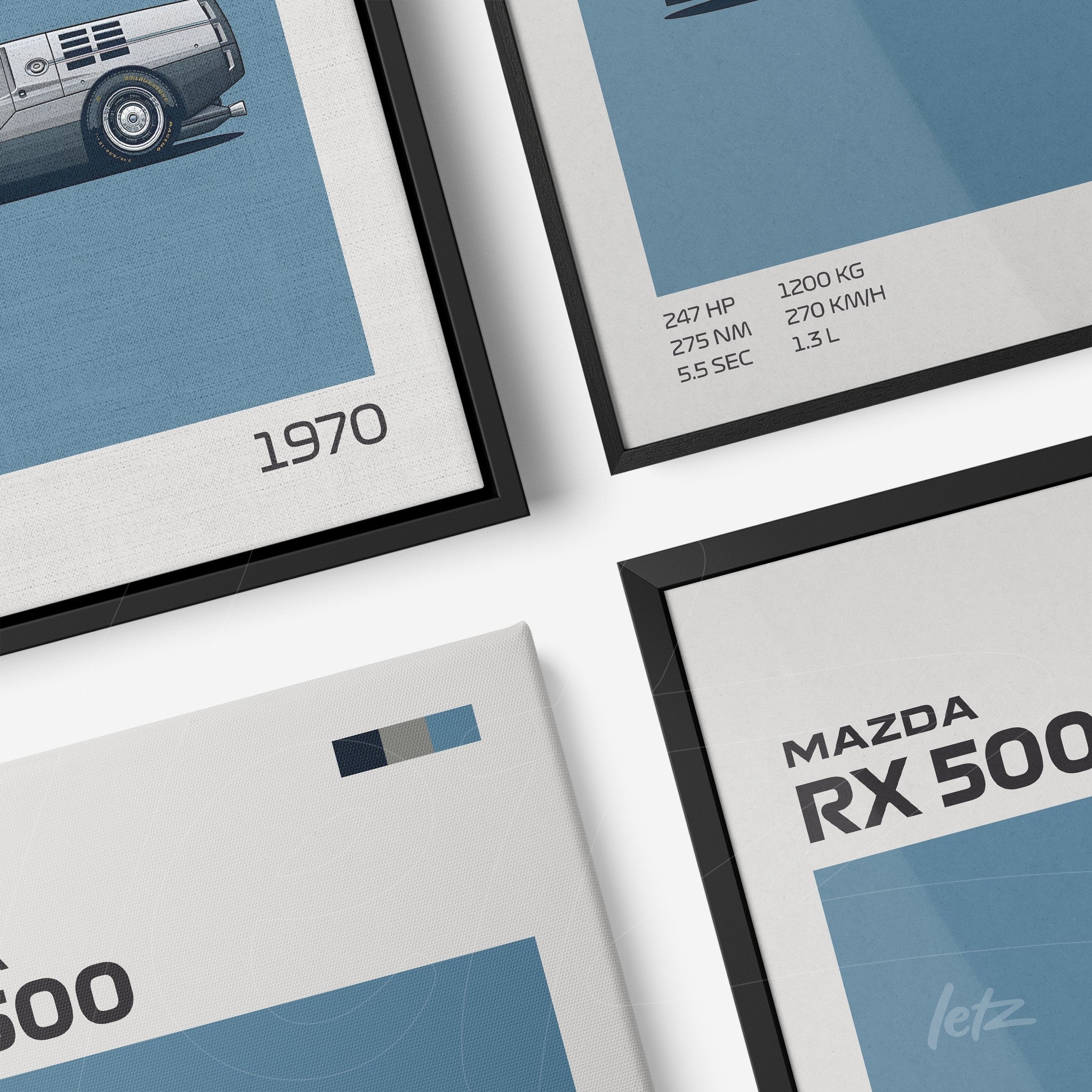 composição de quadros com ilustrações do carro Mazda RX 500, informações técnicas em fundo azul e molduras preta e branca