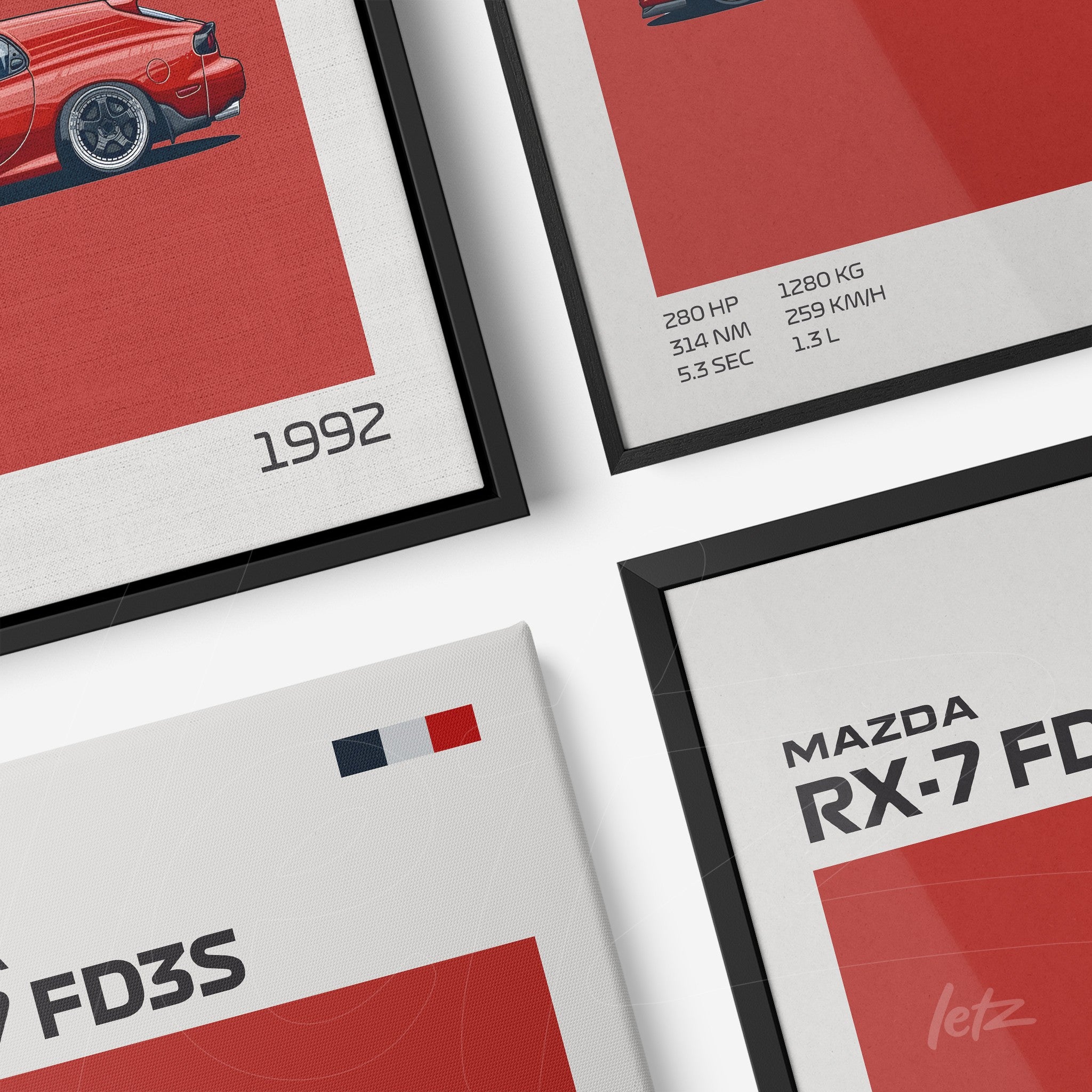 composição de quadros decorativos com ilustrações de carros esportivos, molduras pretas e brancas, fundo vermelho vibrante com detalhes em texto