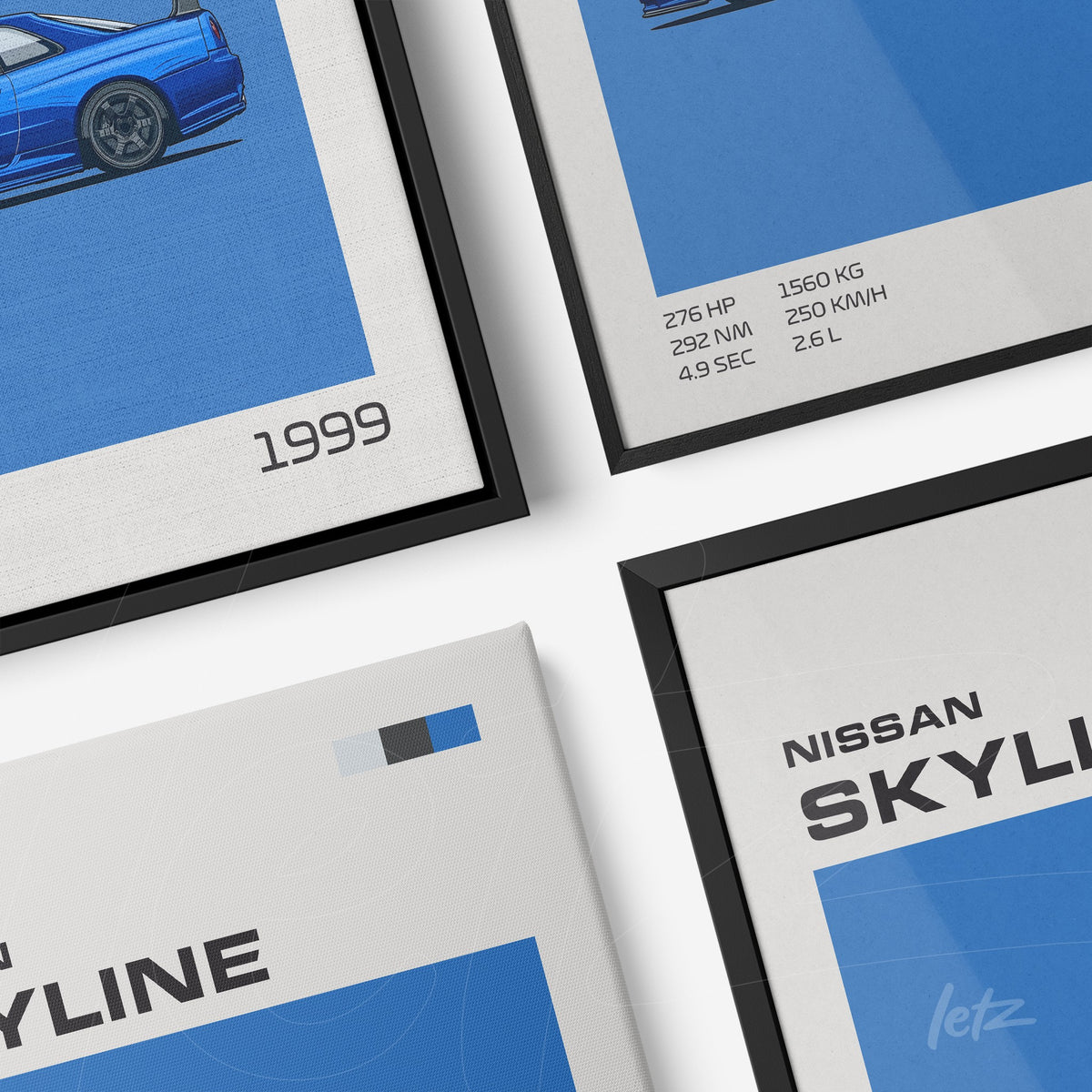 composição de quadros decorativos com ilustrações do carro Nissan Skyline de 1999 em molduras pretas e brancas